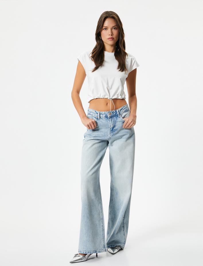  Crop Tişört Bisiklet Yaka Kısa Kollu Beli Bağcıklı Pamuklu