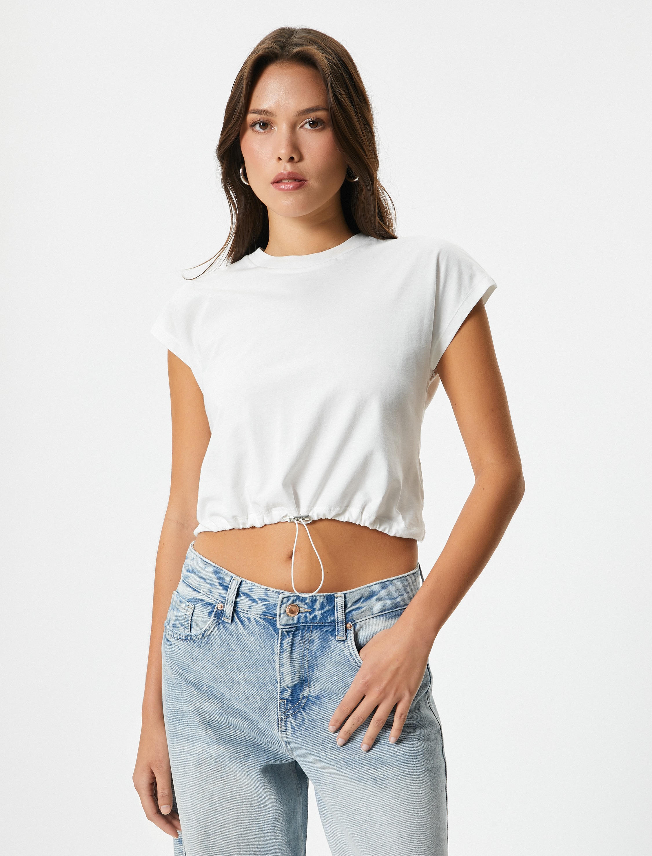   Crop Tişört Bisiklet Yaka Kısa Kollu Beli Bağcıklı Pamuklu