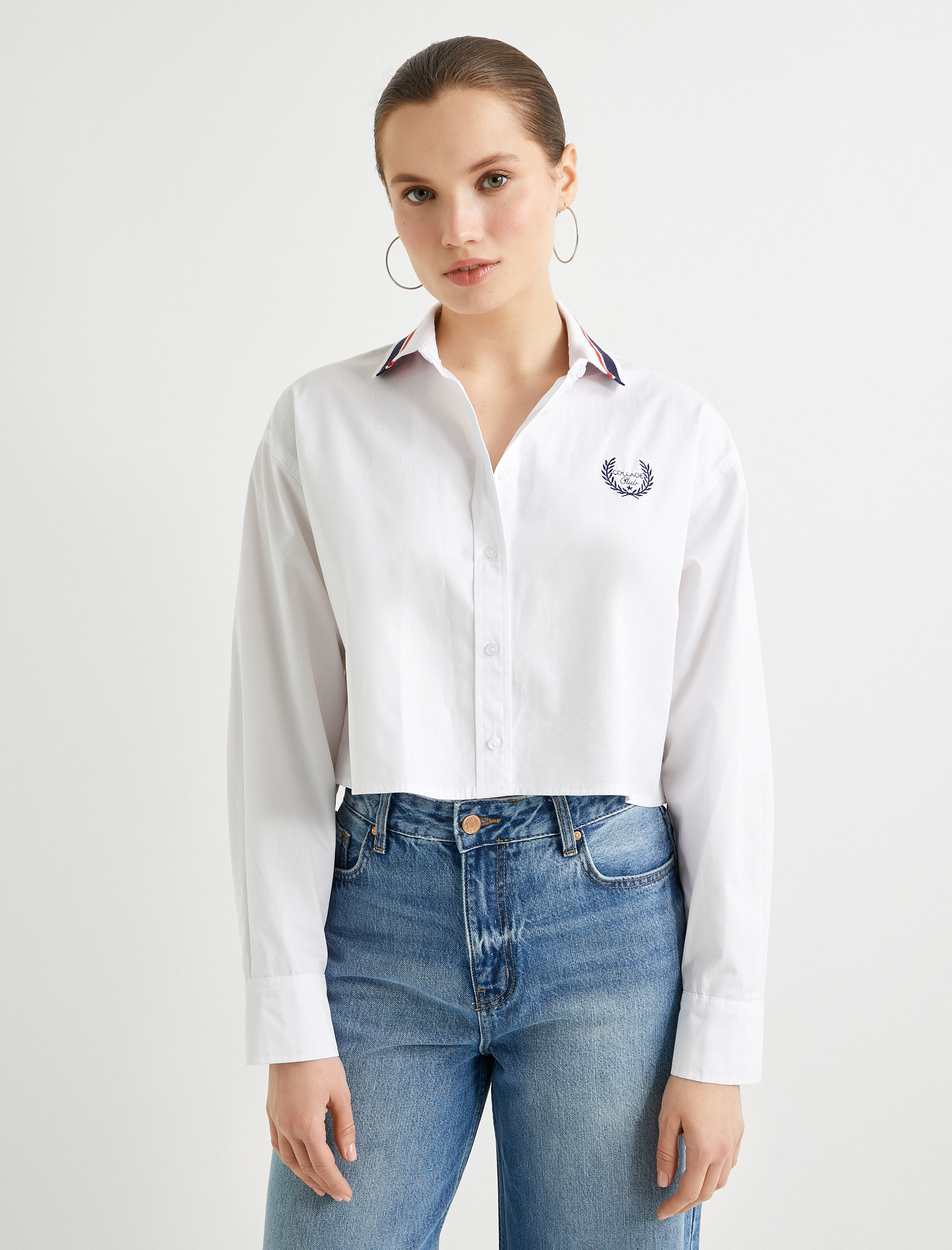   Crop Oversize Poplin Gömlek Nakış Detaylı Düğmeli Pamuklu Şeritli Yaka