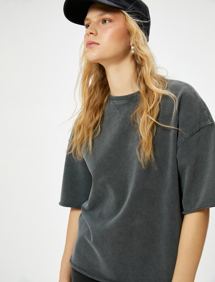  Basic Tişört Kısa Kollu Bisiklet Yaka Pamuklu Soluk Efektli