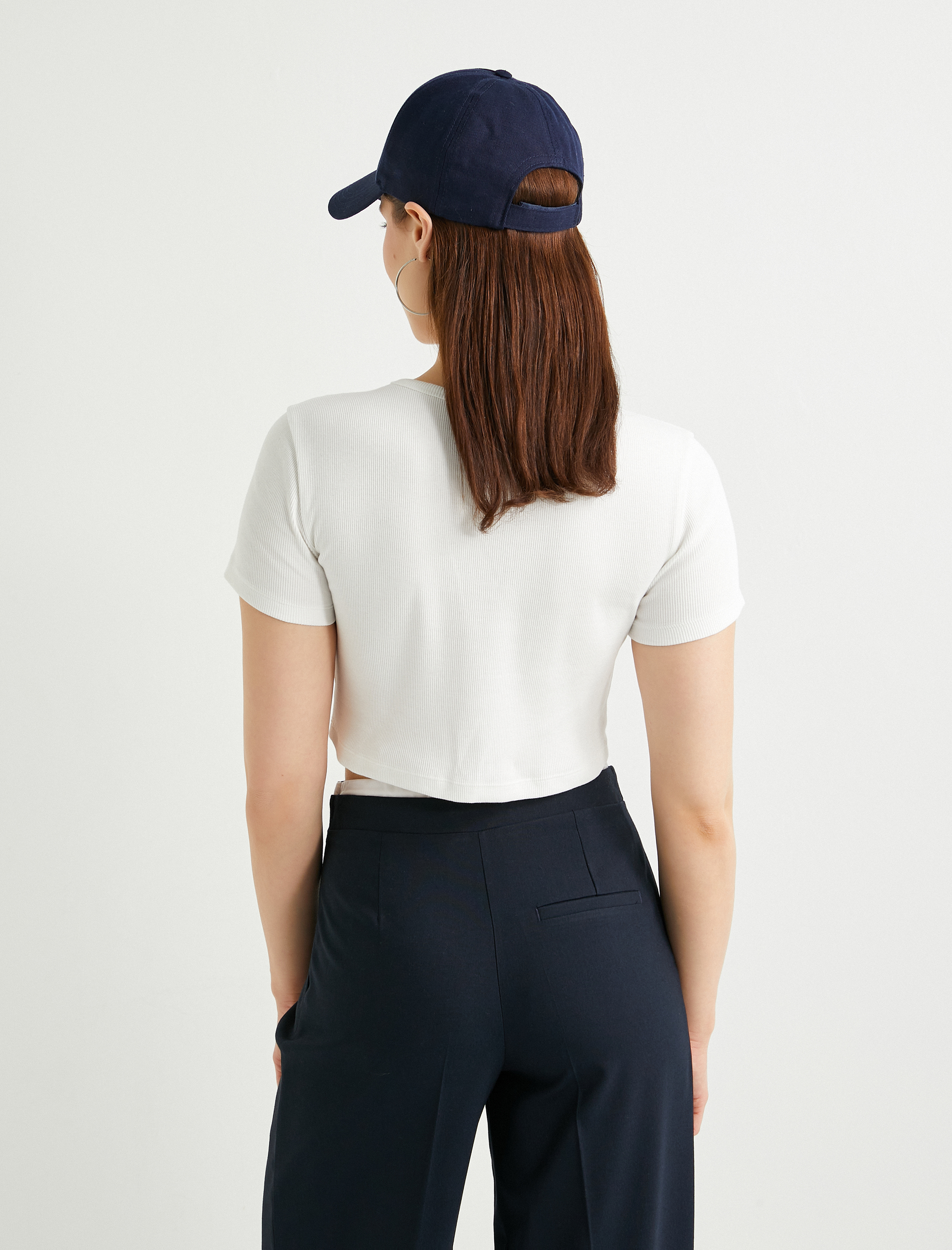   Crop Tişört Kısa Kollu Bisiklet Yaka Fitilli