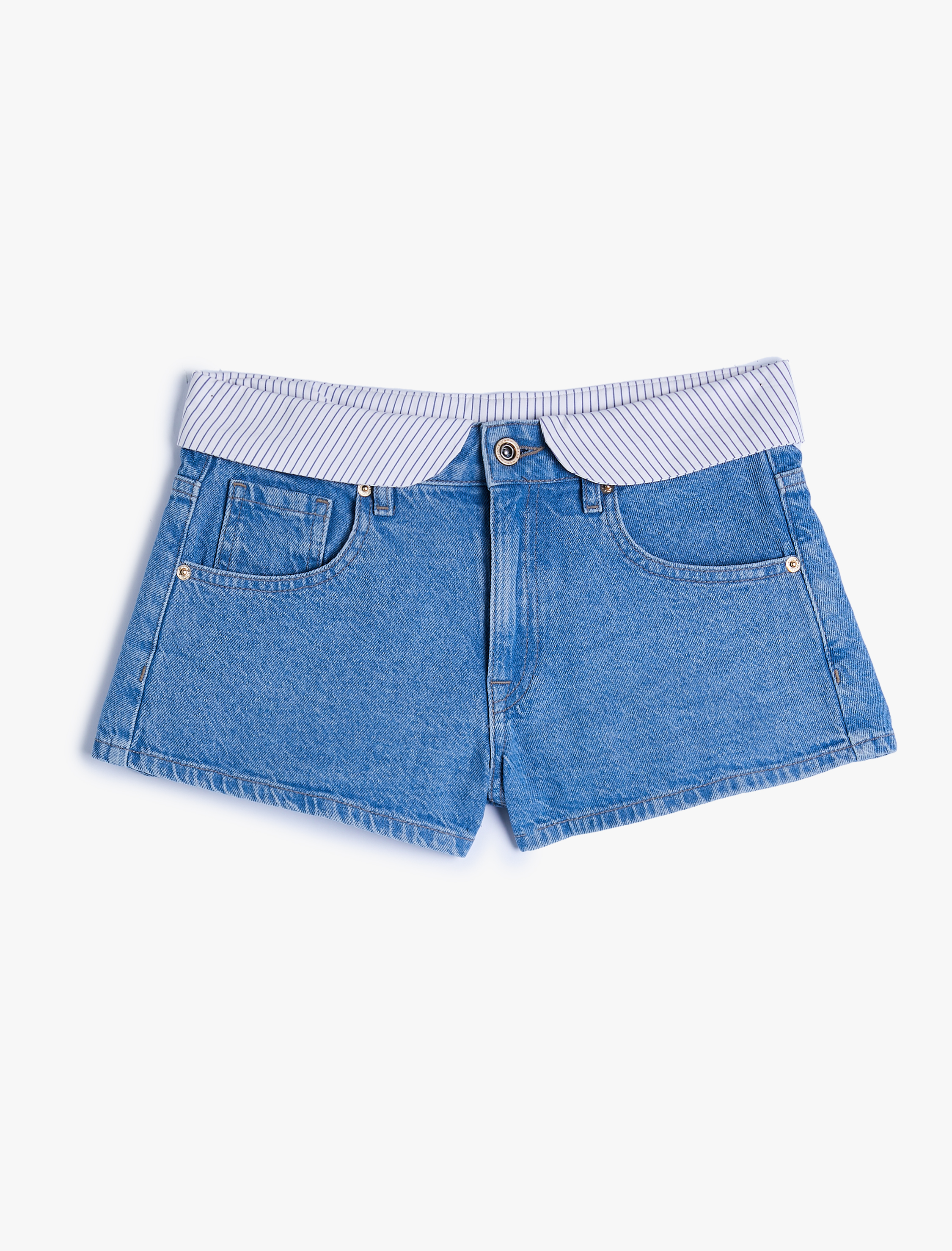   Mini Kot Şort Beli Katlamalı Farklı Kumaş Detaylı Esnek Pamuklu Cepli