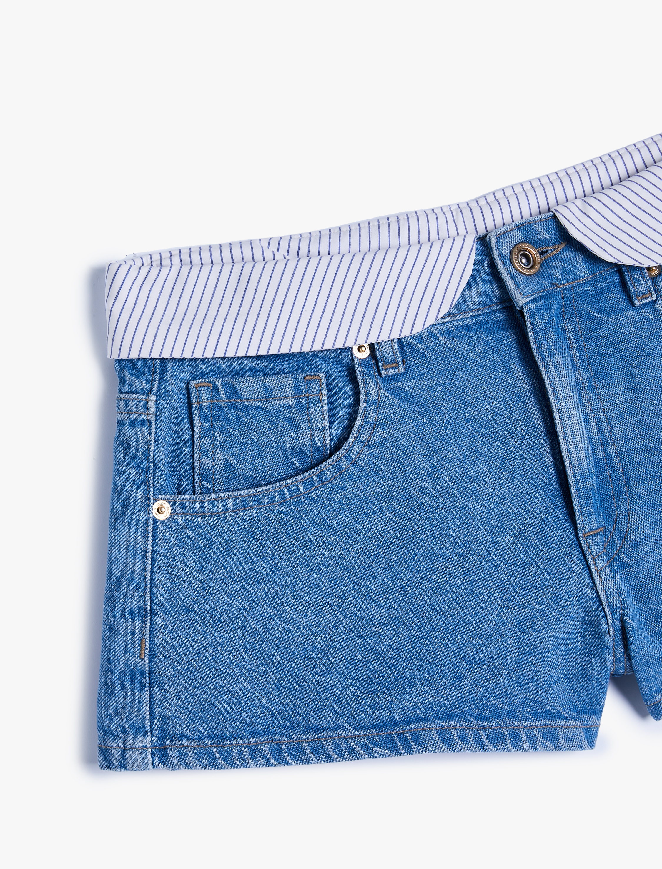   Mini Kot Şort Beli Katlamalı Farklı Kumaş Detaylı Esnek Pamuklu Cepli