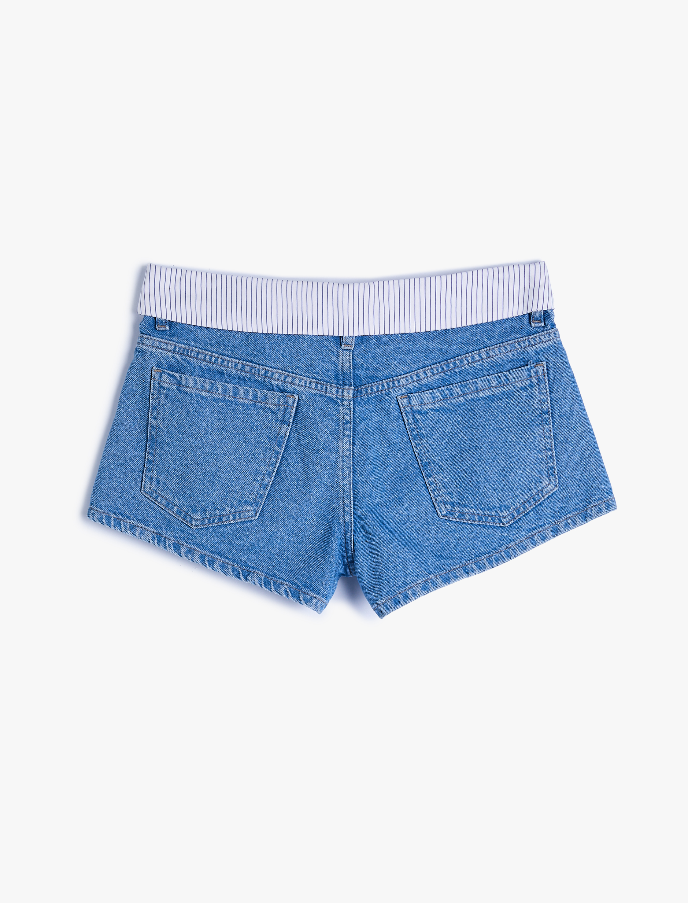   Mini Kot Şort Beli Katlamalı Farklı Kumaş Detaylı Esnek Pamuklu Cepli