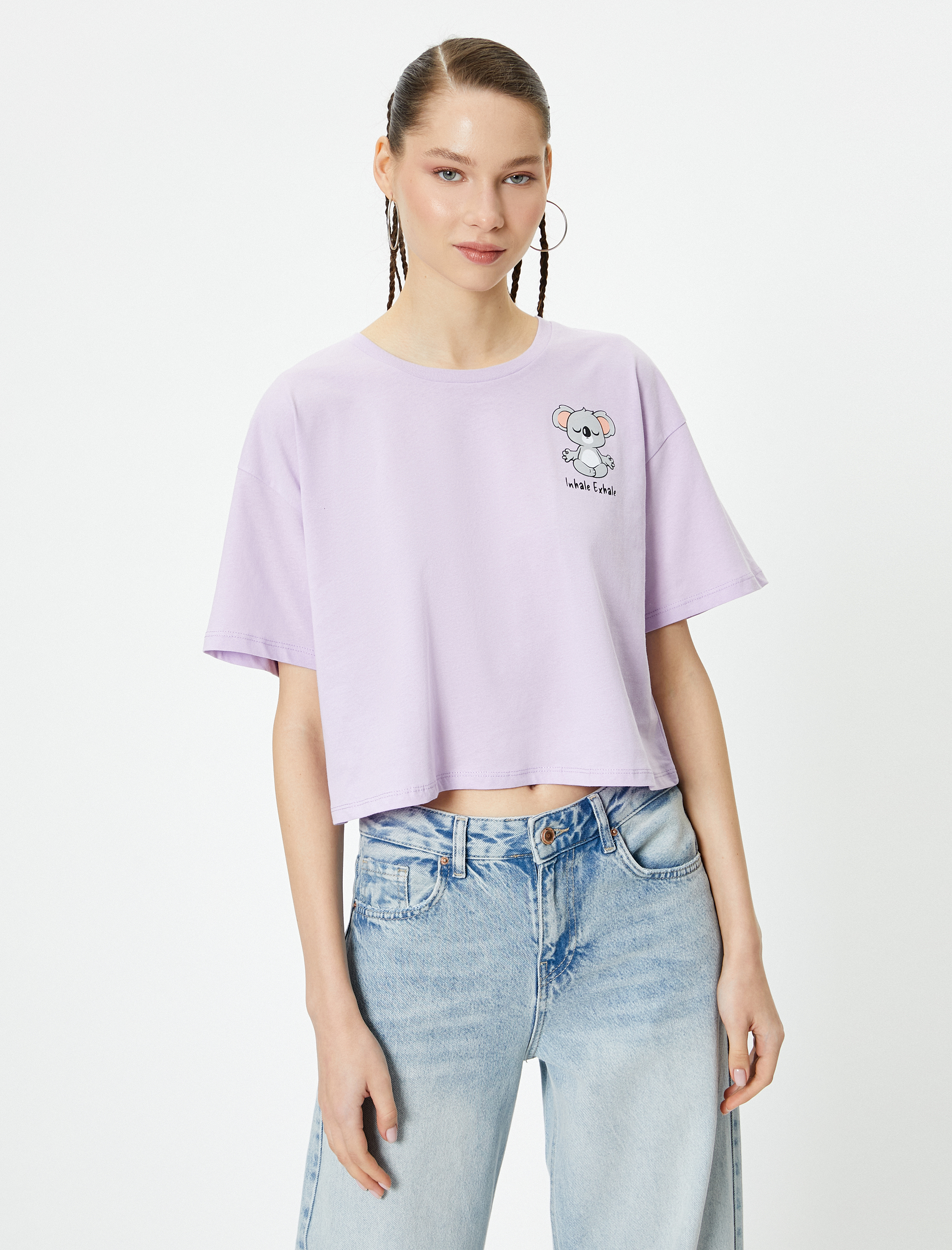   Kısa Tişört Koala Baskılı Kısa Kollu Bisiklet Yaka Rahat Kalıp Pamuklu