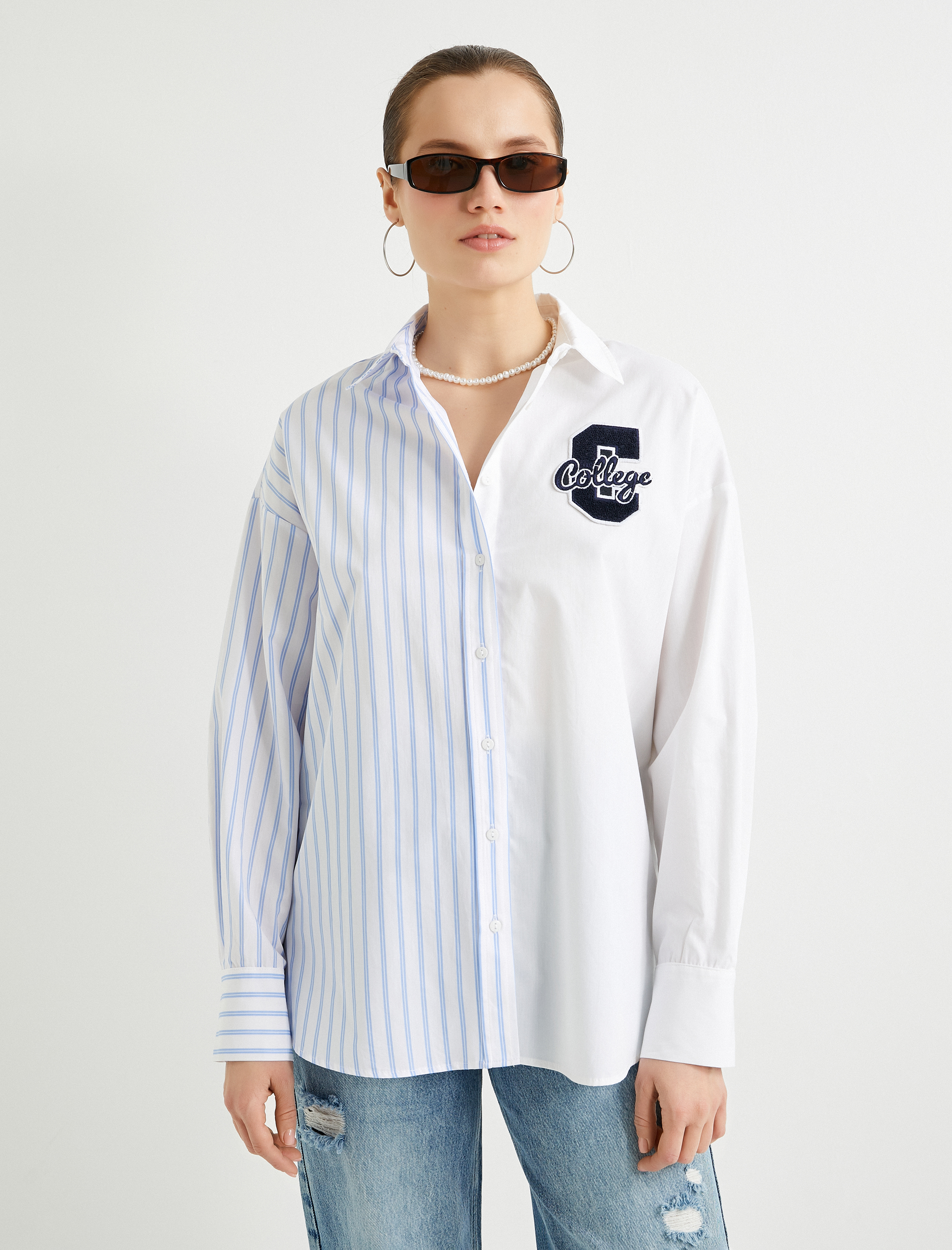   Oversize Poplin Gömlek Kolej İşlemeli Düğmeli