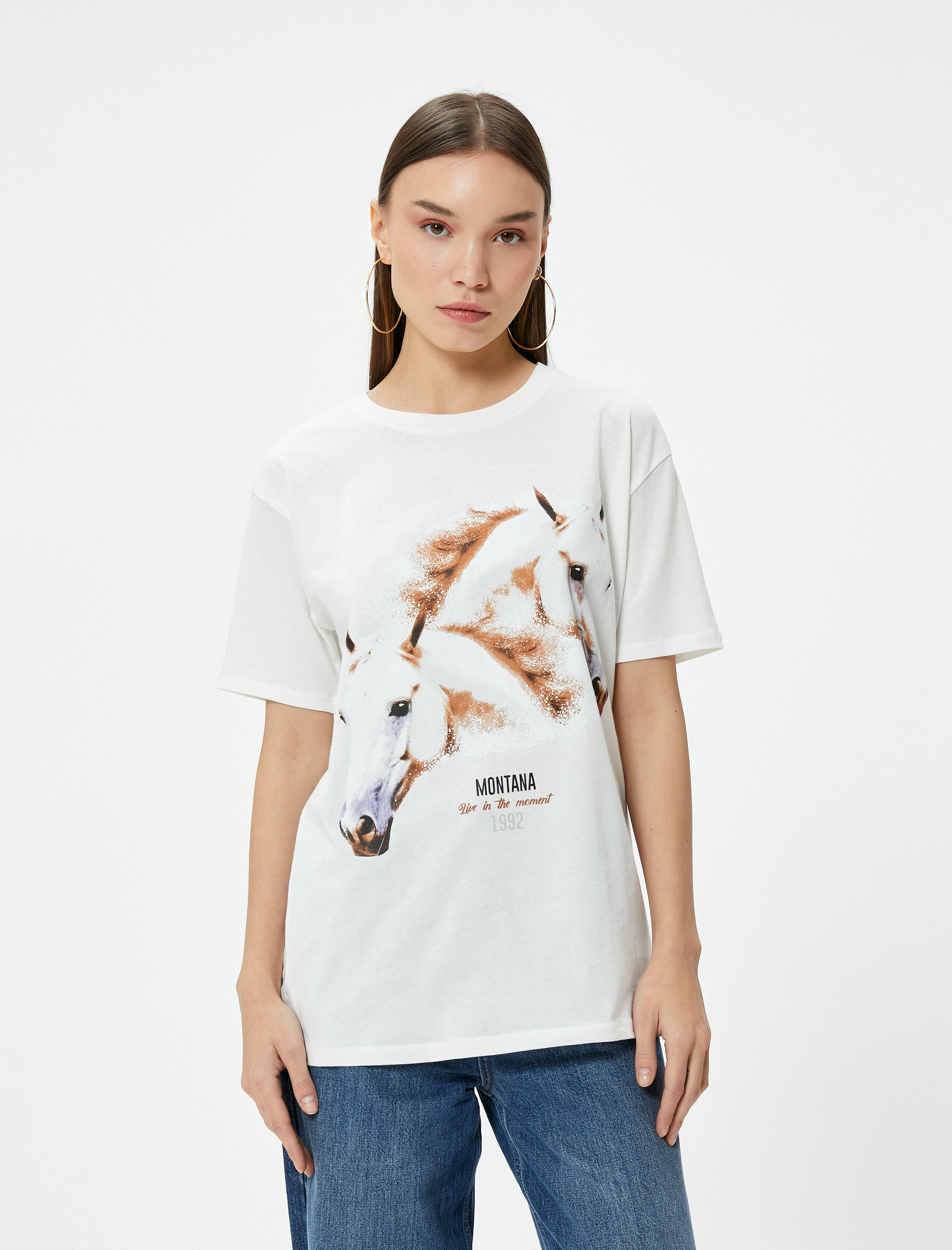   Kısa Kollu Tişört Baskılı Bisiklet Yaka Pamuklu