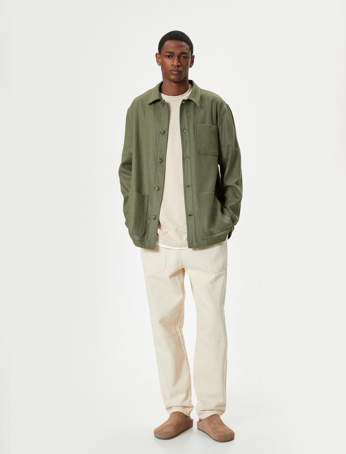  Gömlek Ceket Cep Detaylı Düğmeli Klasik Yaka Keten Karışımlı