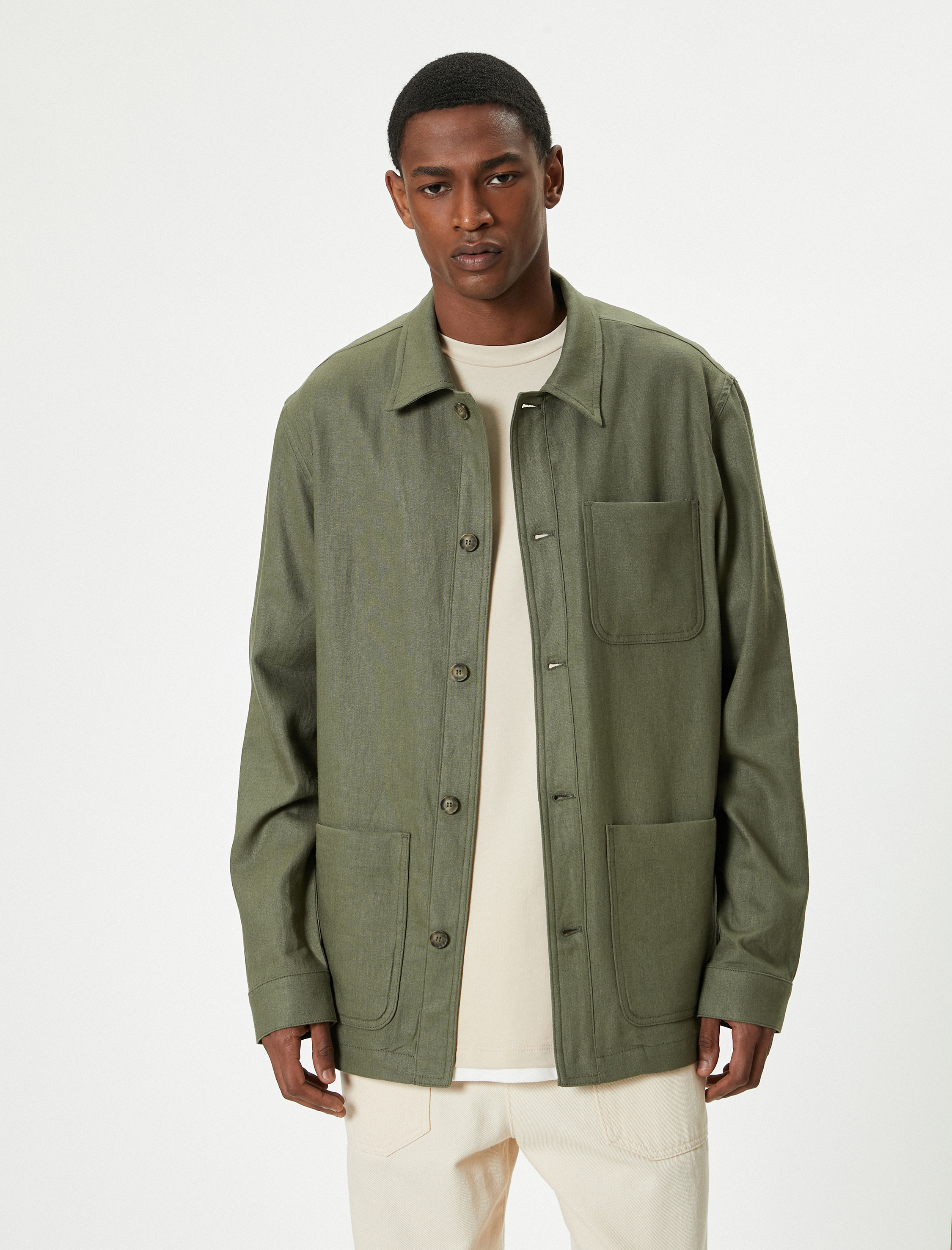   Gömlek Ceket Cep Detaylı Düğmeli Klasik Yaka Keten Karışımlı