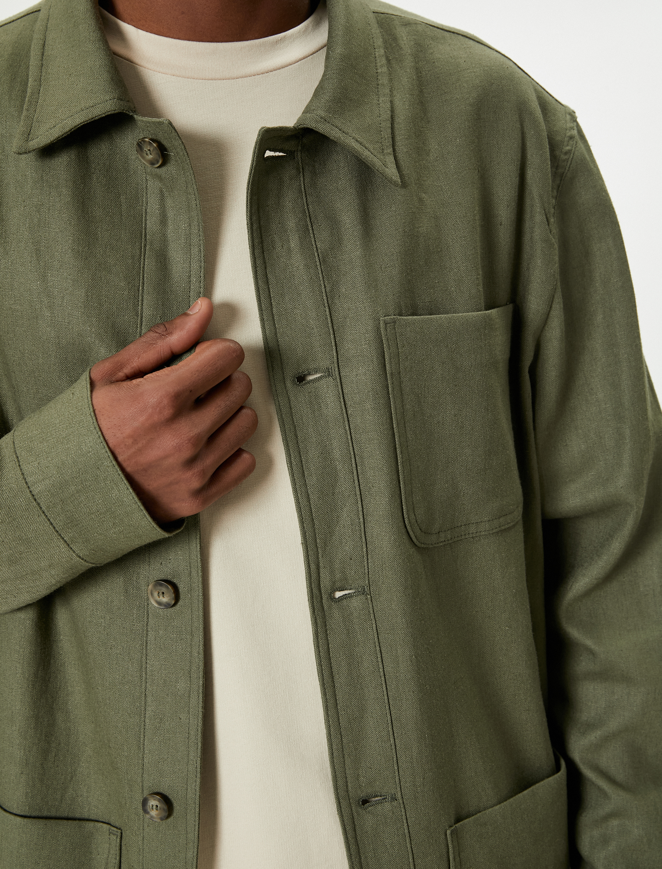   Gömlek Ceket Cep Detaylı Düğmeli Klasik Yaka Keten Karışımlı