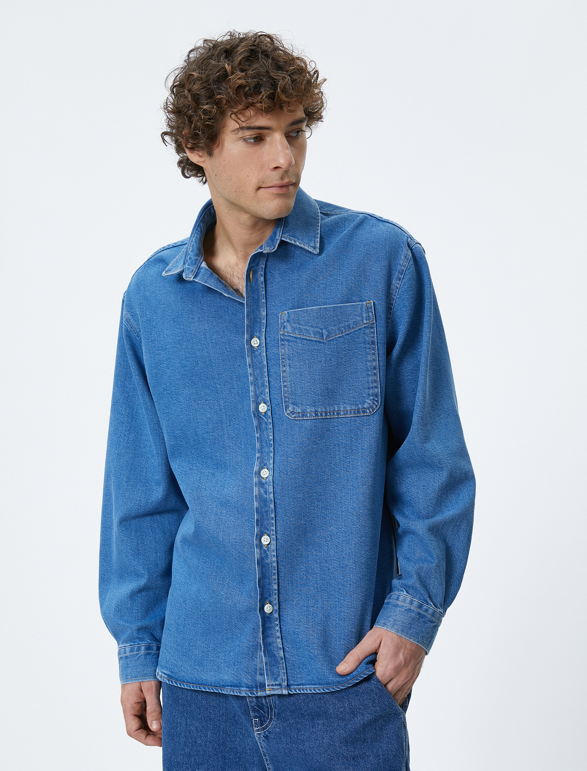   Kot Gömlek Ceket Oversize Cep Detaylı Düğmeli Klasik Yaka