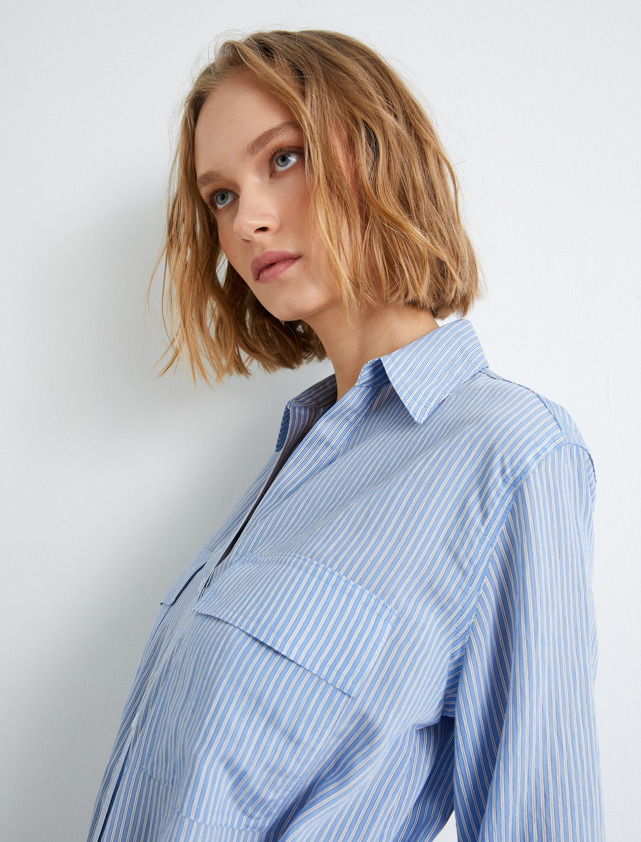   Viskon Gömlek Elbise Cep Detaylı Kemerli Düğmeli