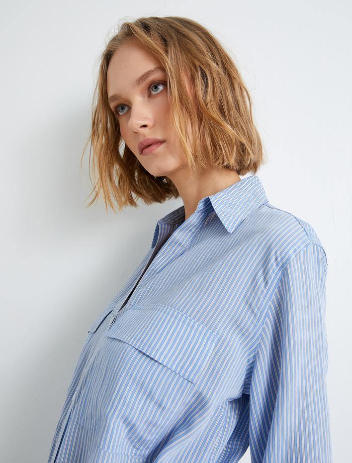  Viskon Gömlek Elbise Cep Detaylı Kemerli Düğmeli