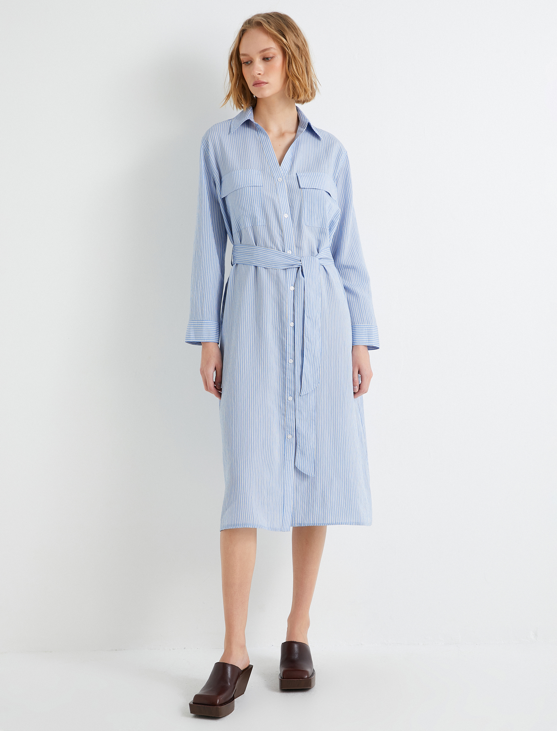   Viskon Gömlek Elbise Cep Detaylı Kemerli Düğmeli