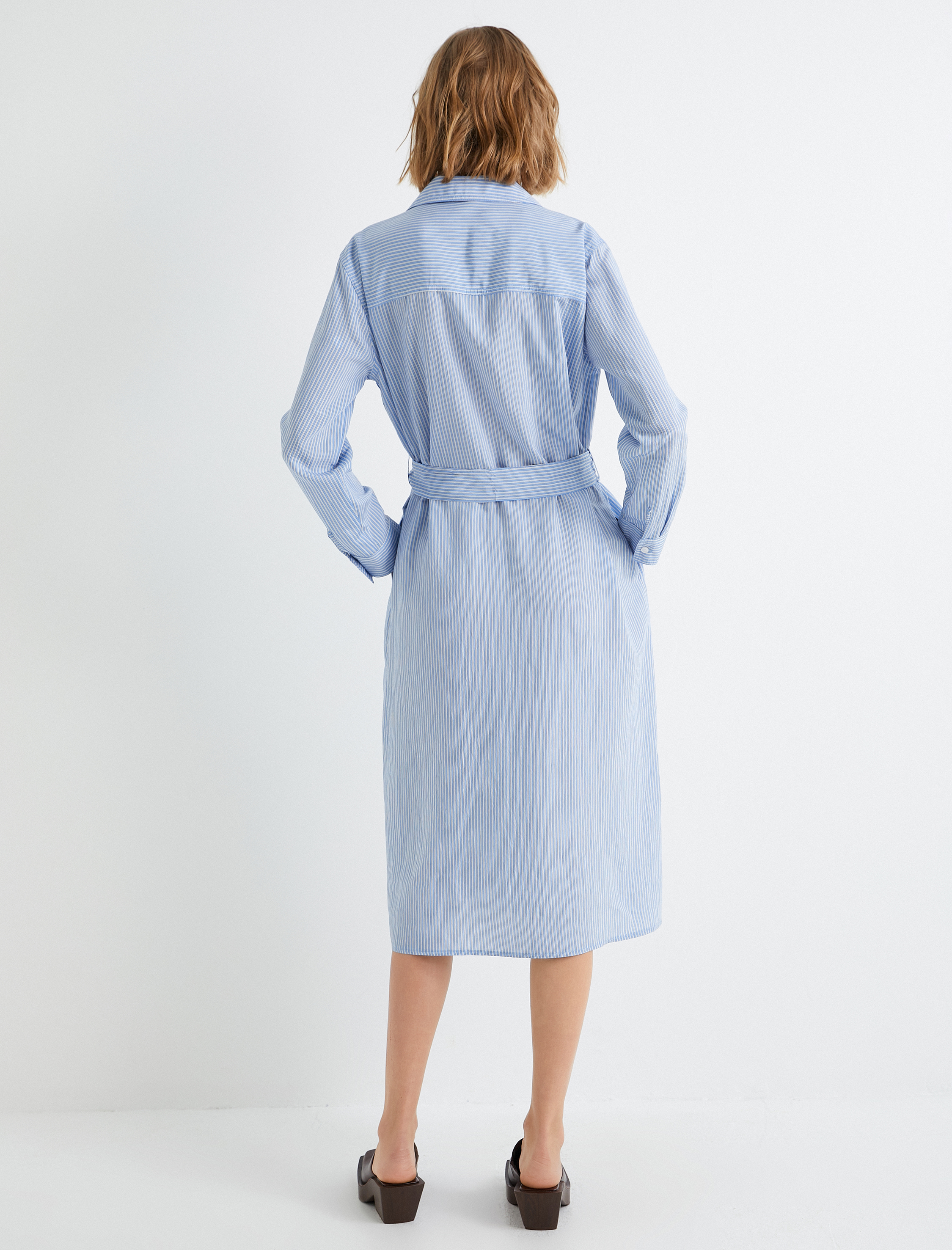   Viskon Gömlek Elbise Cep Detaylı Kemerli Düğmeli