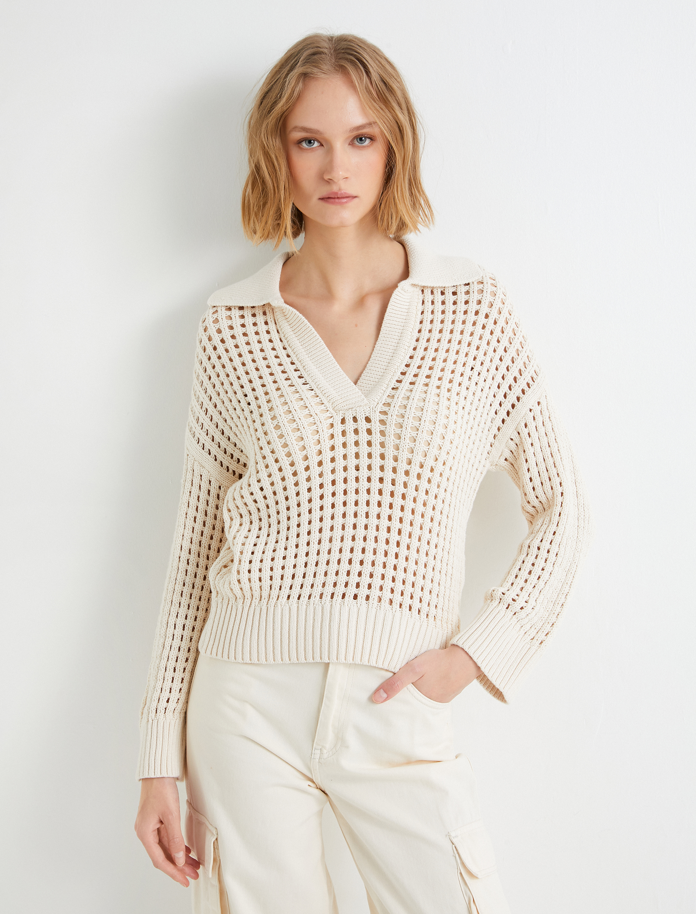   Ajurlu Triko Kazak Polo Yaka Uzun Kollu