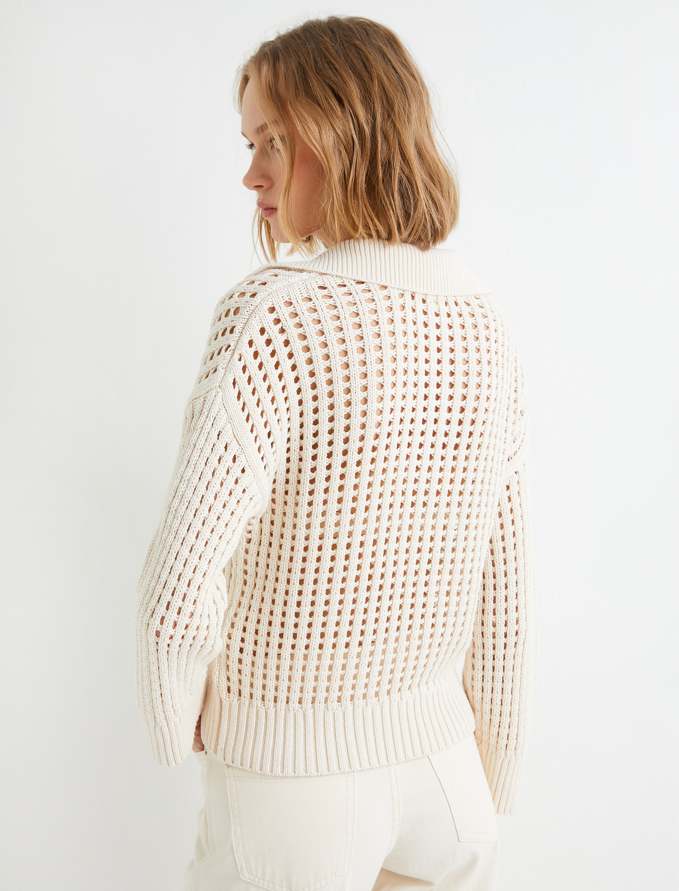   Ajurlu Triko Kazak Polo Yaka Uzun Kollu