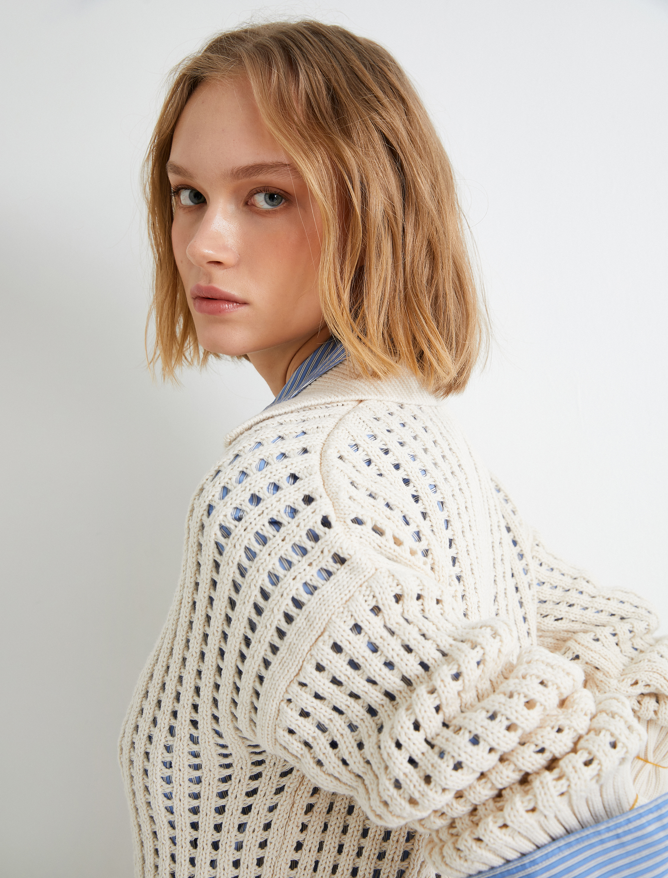   Ajurlu Triko Kazak Polo Yaka Uzun Kollu