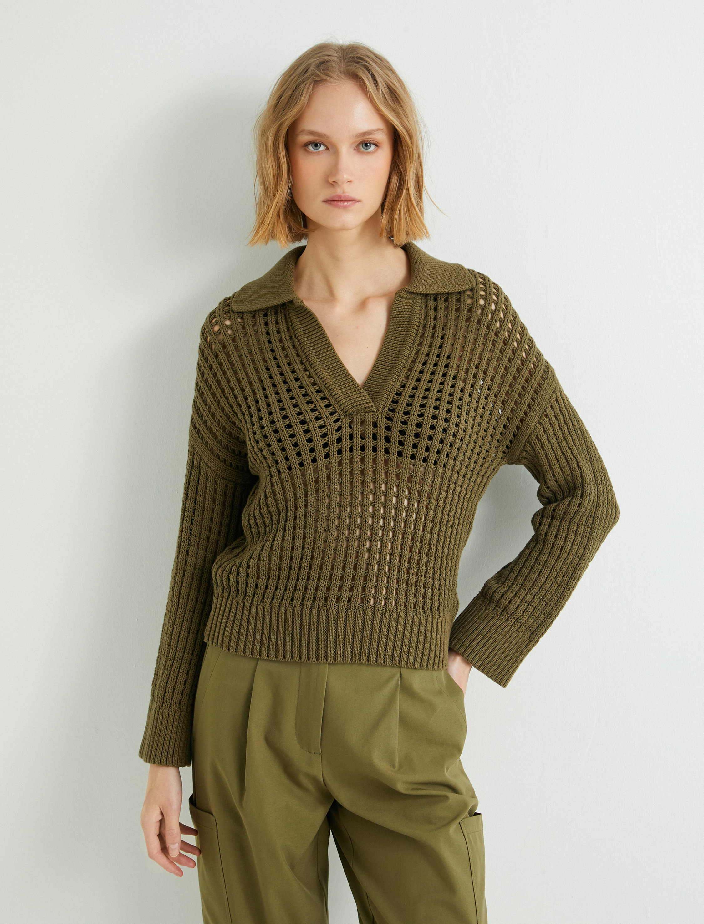 Ajurlu Triko Kazak Polo Yaka Uzun Kollu