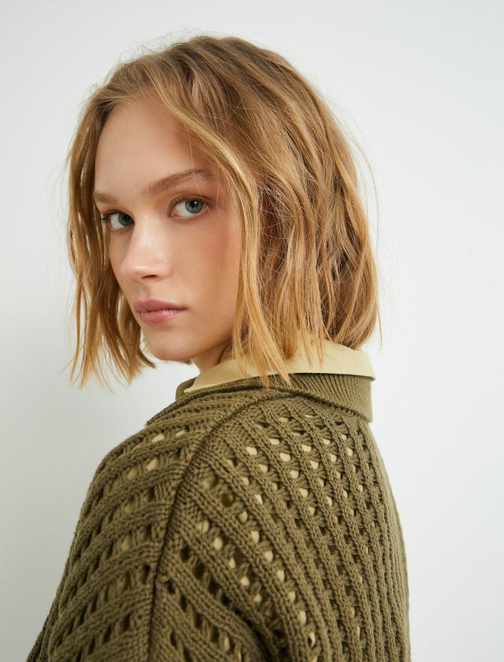  Ajurlu Triko Kazak Polo Yaka Uzun Kollu