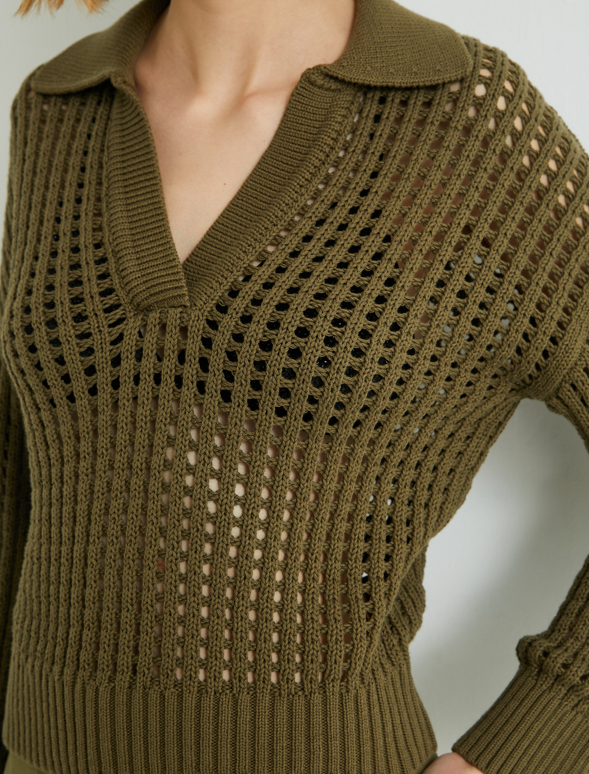 Ajurlu Triko Kazak Polo Yaka Uzun Kollu