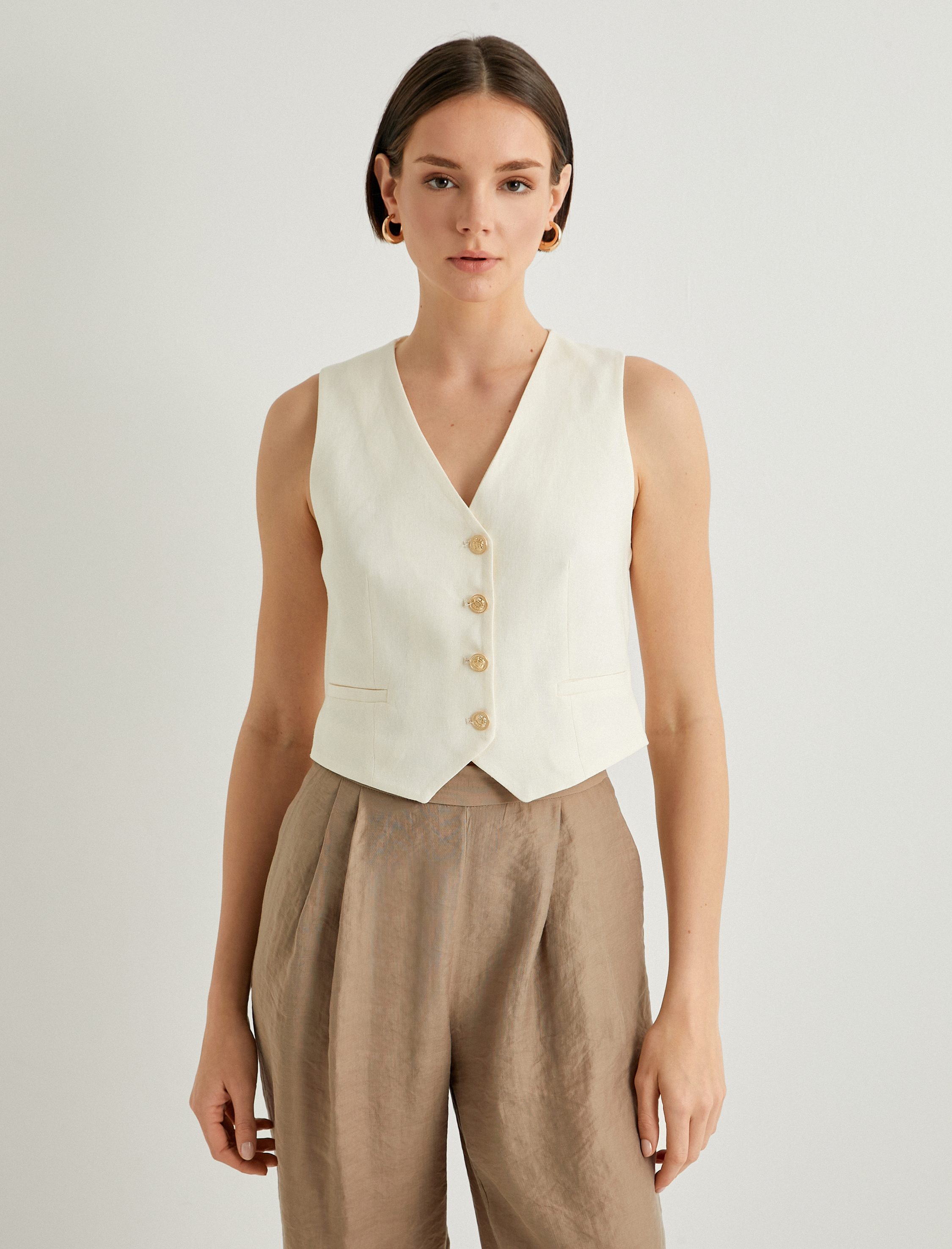   Blazer Yelek V Yaka Gold Düğmeli Fleto Cepli