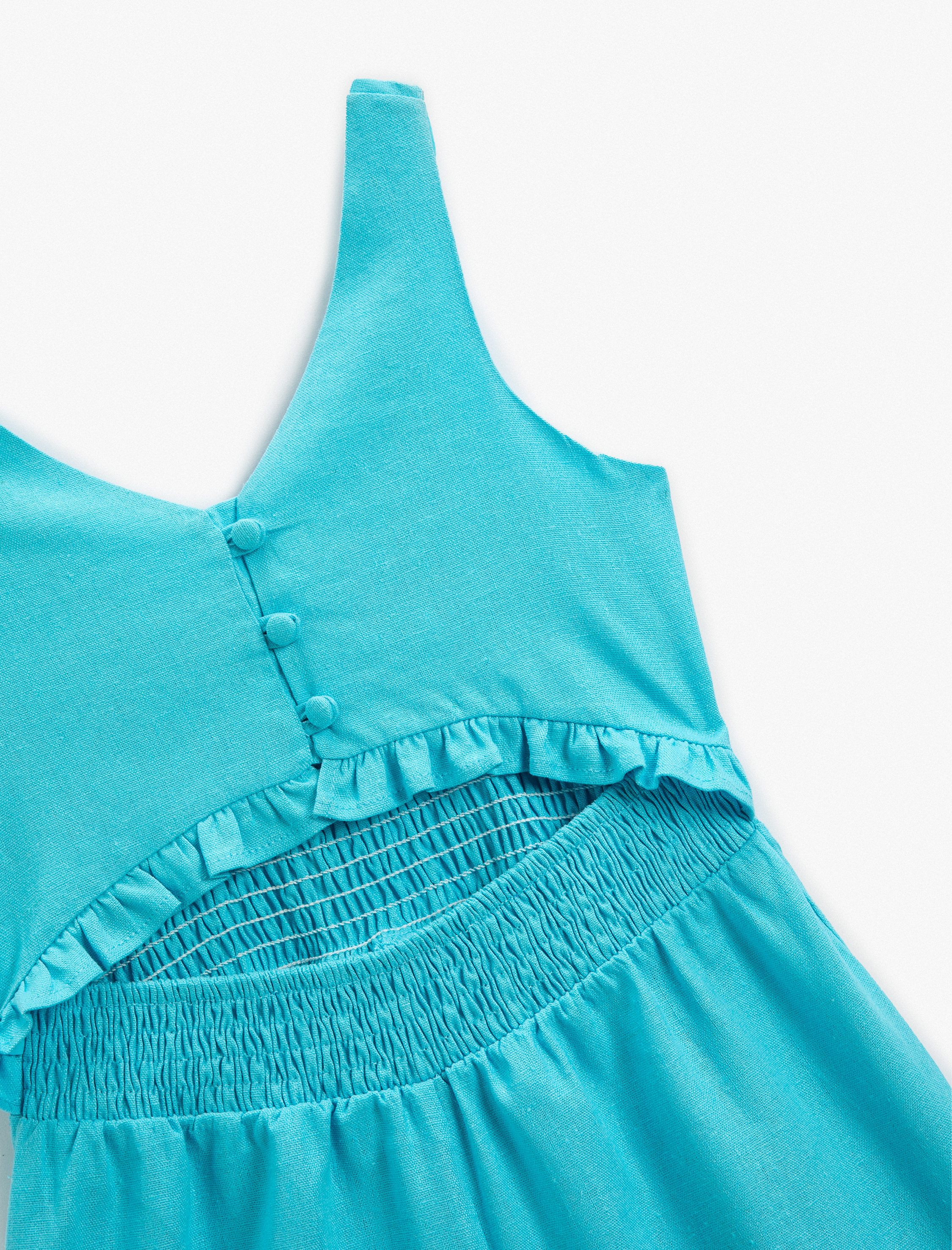  Kız Çocuk Keten Şort Tulum Pencere Detaylı Askılı Gipeli