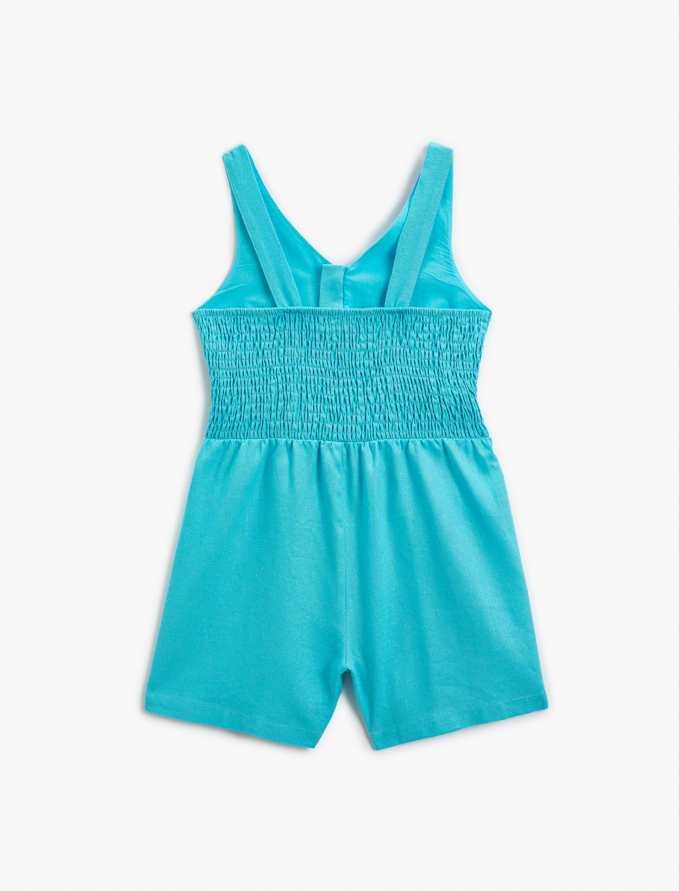  Kız Çocuk Keten Şort Tulum Pencere Detaylı Askılı Gipeli