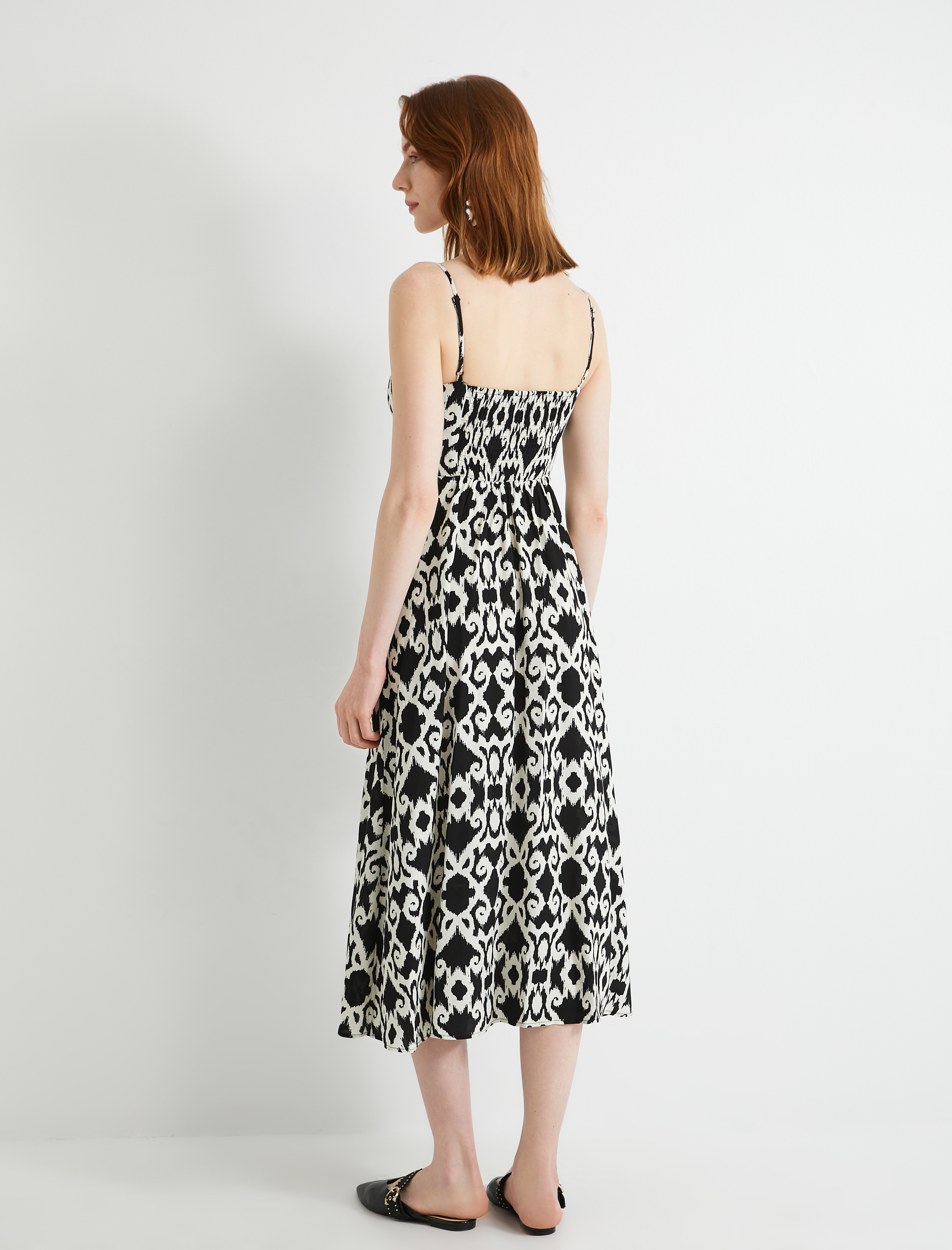   Uzun Elbise Askılı Etnik Desenli Püskül Detaylı Viskon