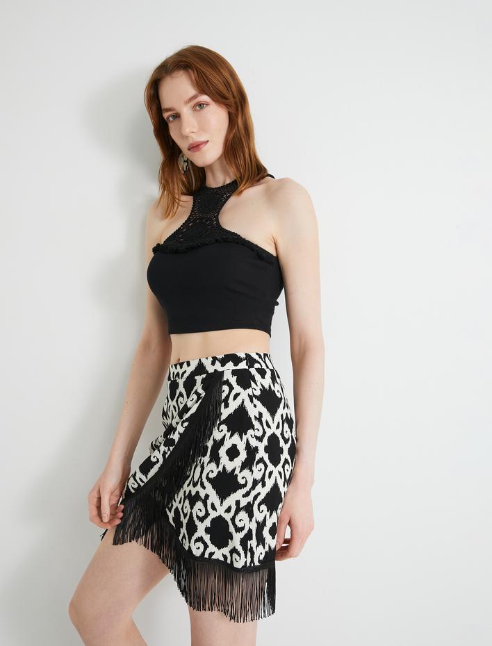  Mini Etek Normal Bel Püskül Detaylı Viskon