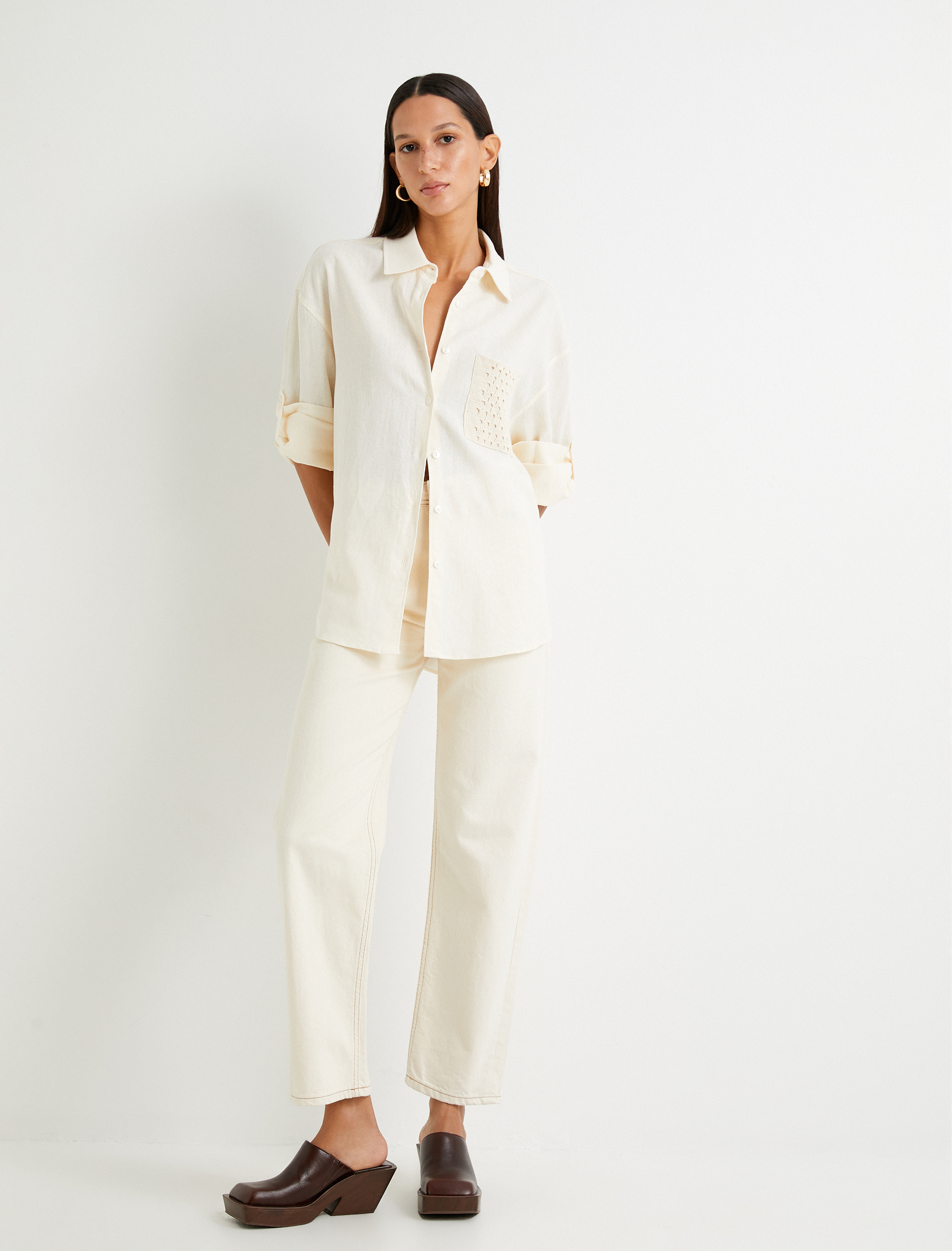   Keten Karışımlı Gömlek Oversize Kroşe Cepli Uzun Katlamalı Kollu