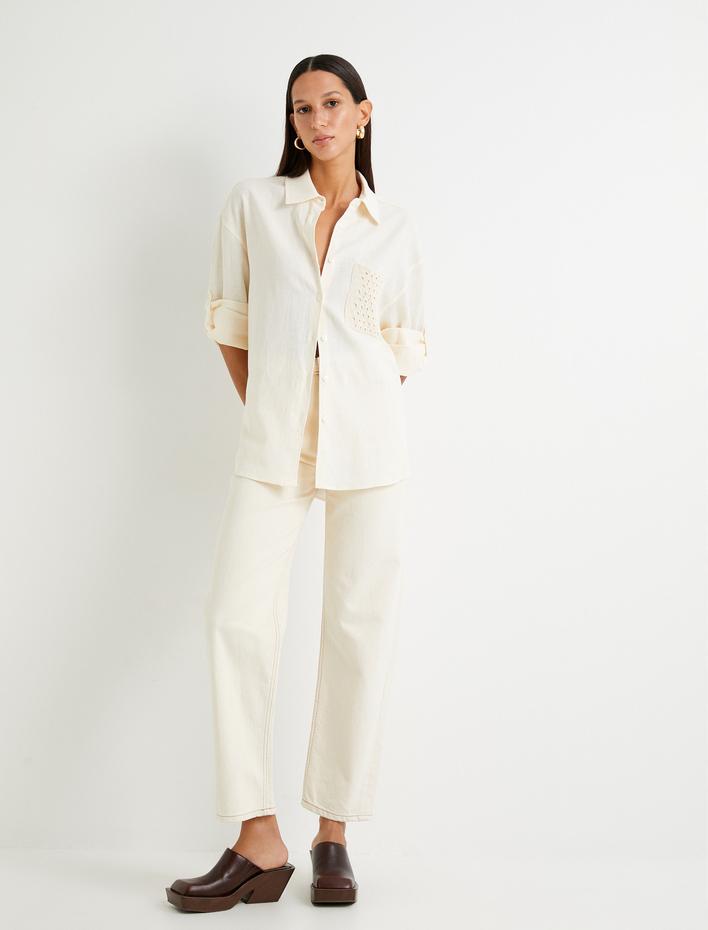  Keten Karışımlı Gömlek Oversize Kroşe Cepli Uzun Katlamalı Kollu