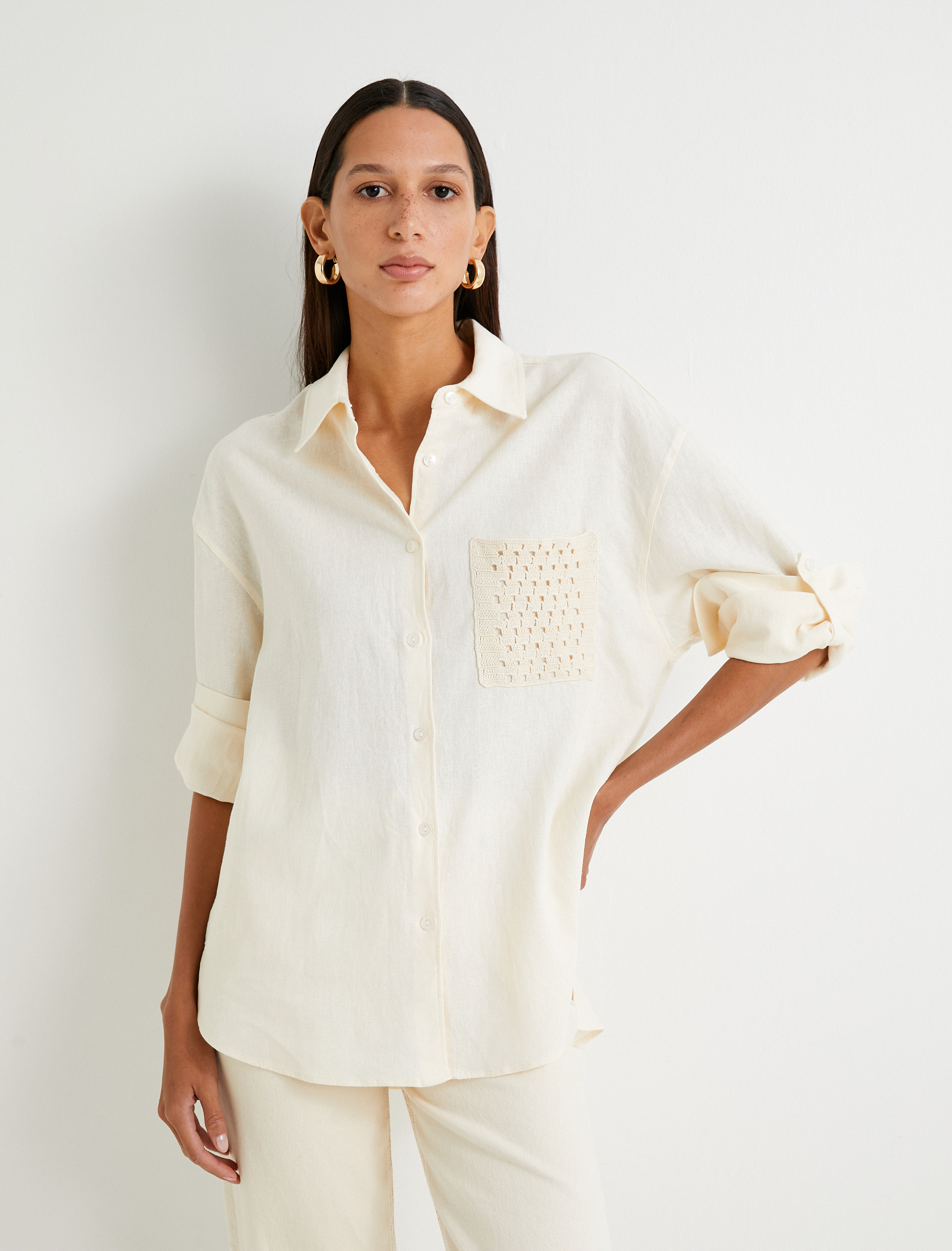   Keten Karışımlı Gömlek Oversize Kroşe Cepli Uzun Katlamalı Kollu