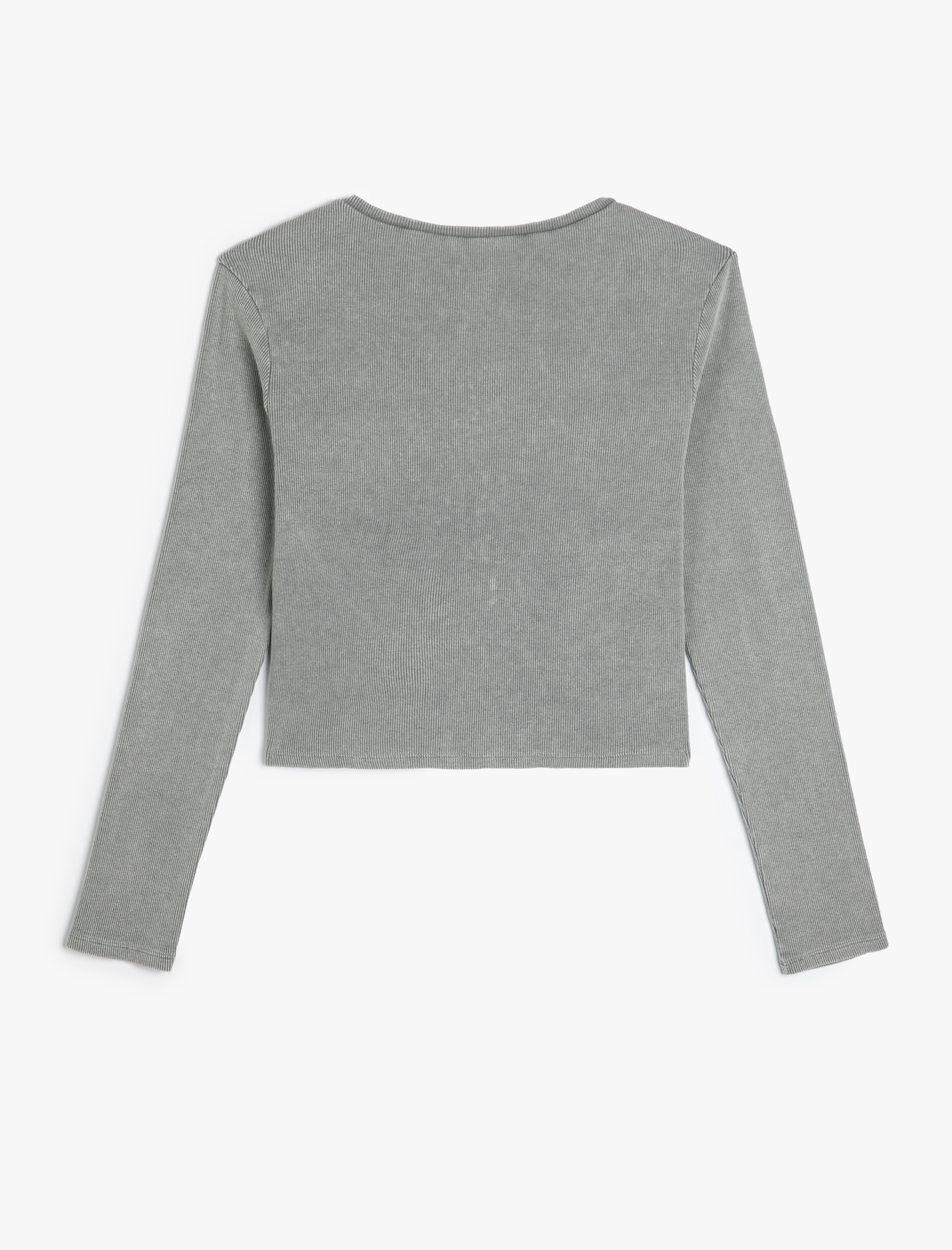   Uzun Kollu Tişört U Yaka Ribanalı Soluk Efektli Pamuklu