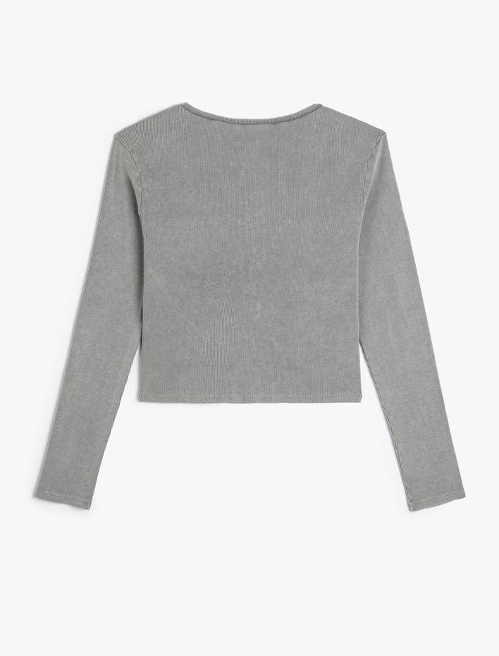  Uzun Kollu Tişört U Yaka Ribanalı Soluk Efektli Pamuklu