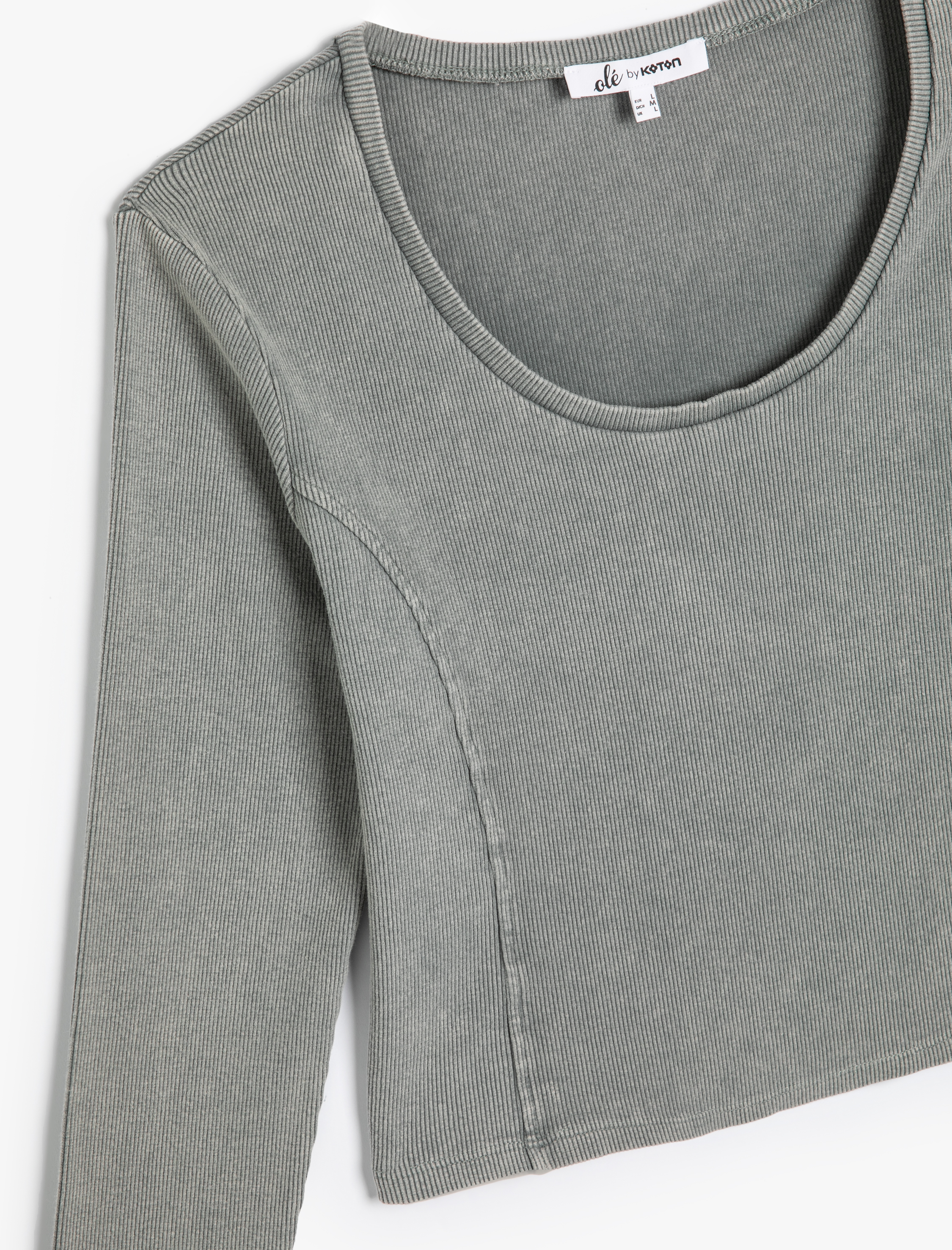   Uzun Kollu Tişört U Yaka Ribanalı Soluk Efektli Pamuklu