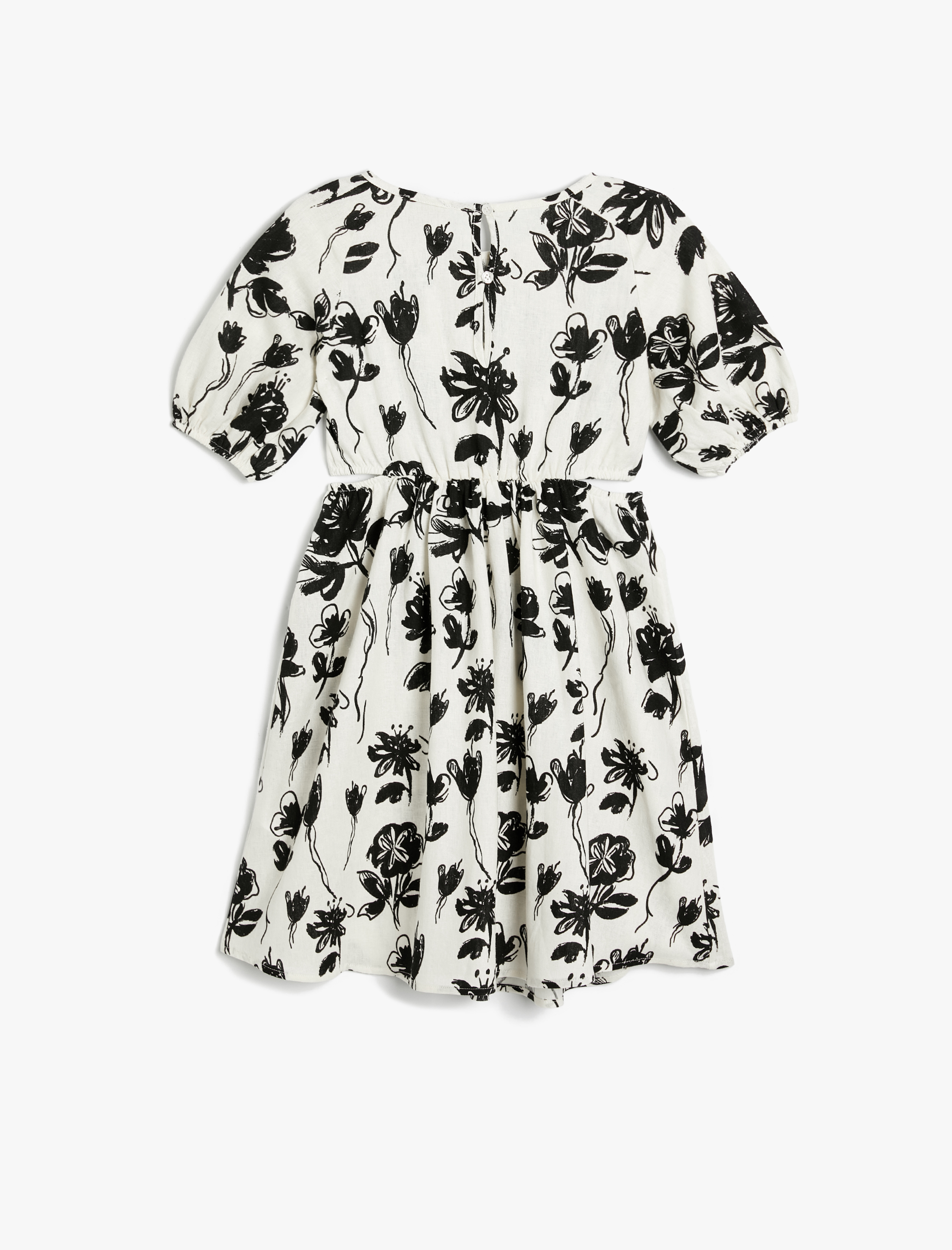  Kız Çocuk Keten Elbise Çiçekli Balon Kollu Yuvarlak Yaka