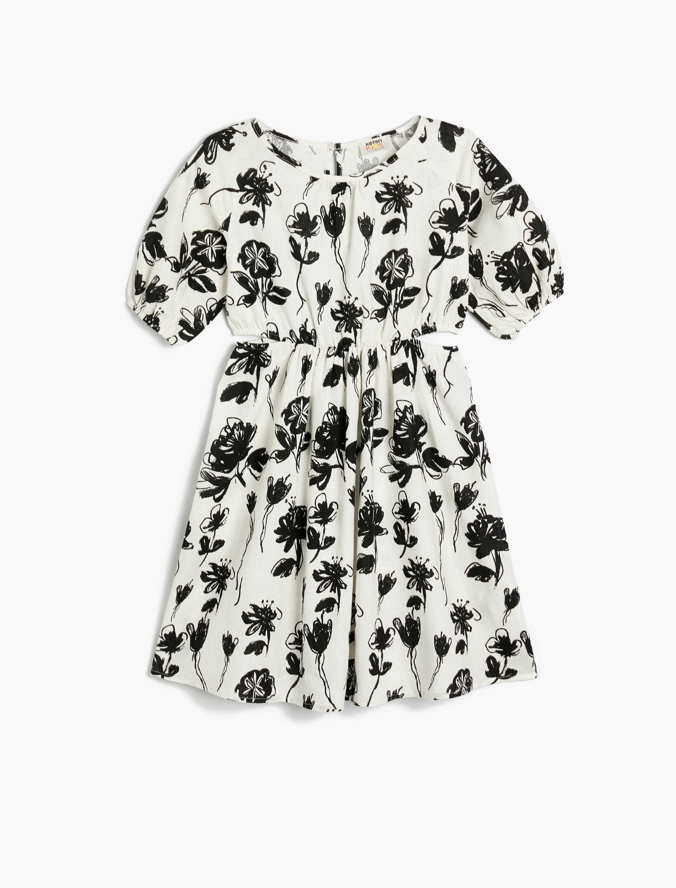  Kız Çocuk Keten Elbise Çiçekli Balon Kollu Yuvarlak Yaka