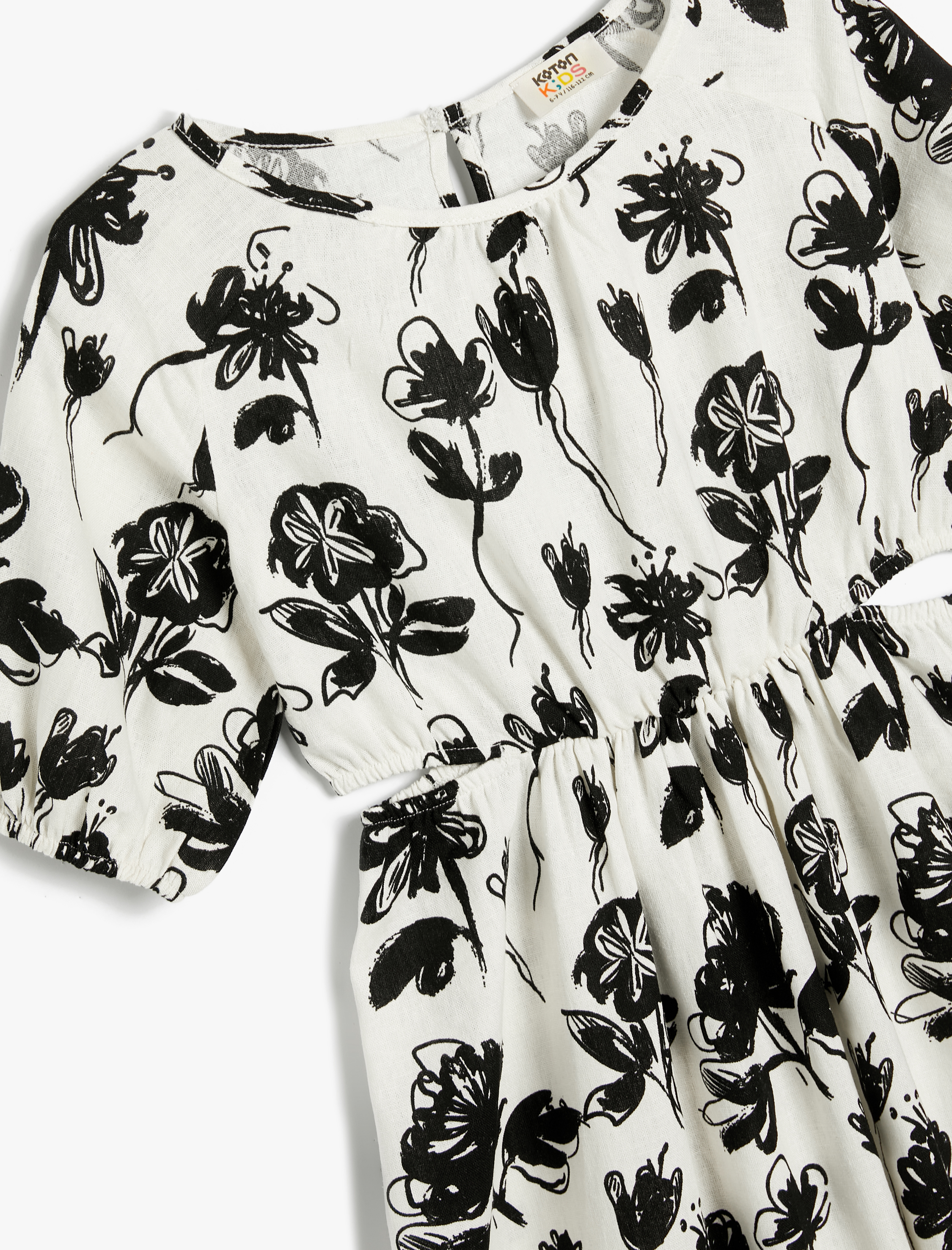  Kız Çocuk Keten Elbise Çiçekli Balon Kollu Yuvarlak Yaka