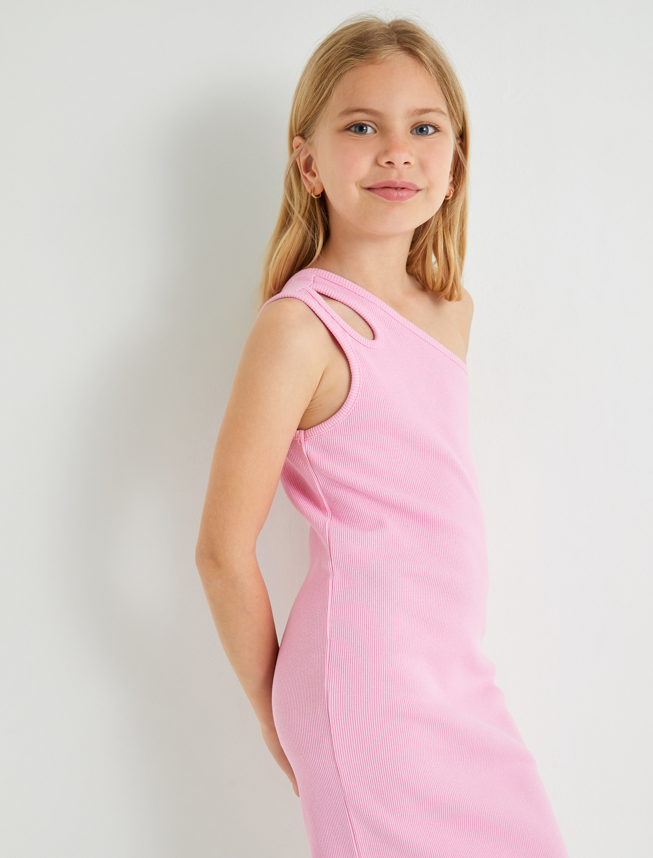  Kız Çocuk Tek Omuz Mini Elbise Pencere Detaylı Ribanalı Pamuklu