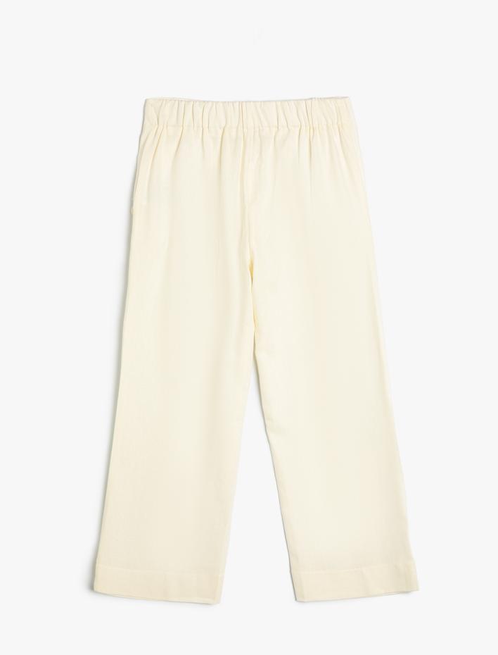 Kız Çocuk Keten Pantolon Bol Paça Düğme Detaylı Cepli