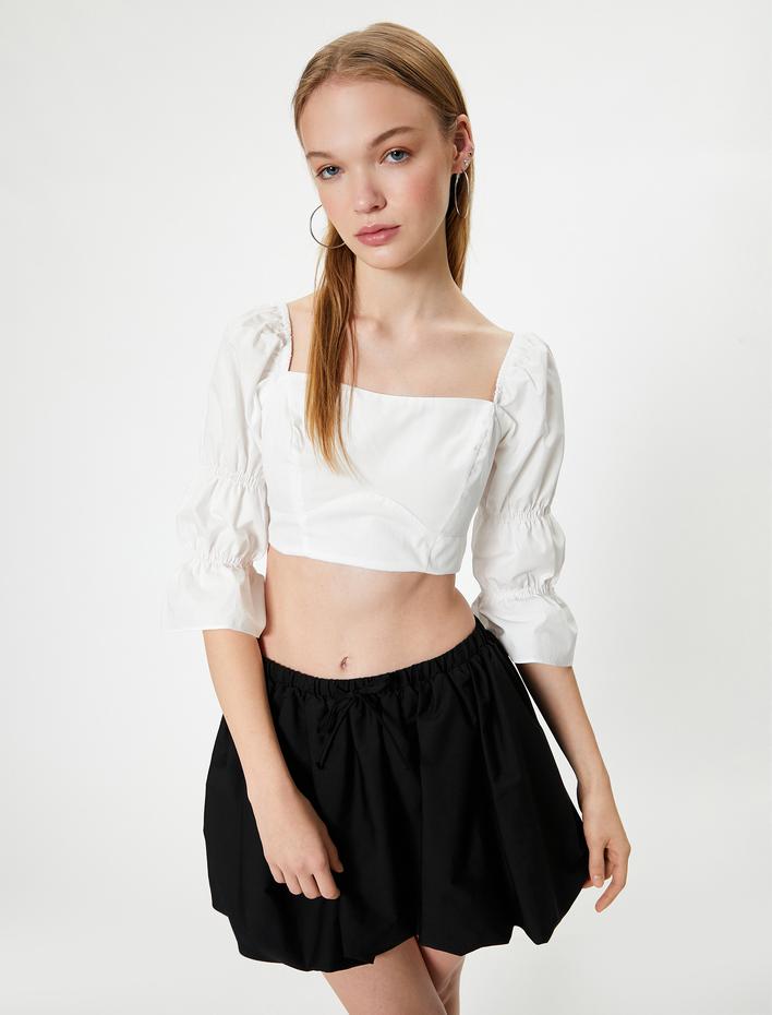  Crop Fırfırlı Bluz Kalp Yaka Uzun Geniş Kollu Slim Fit