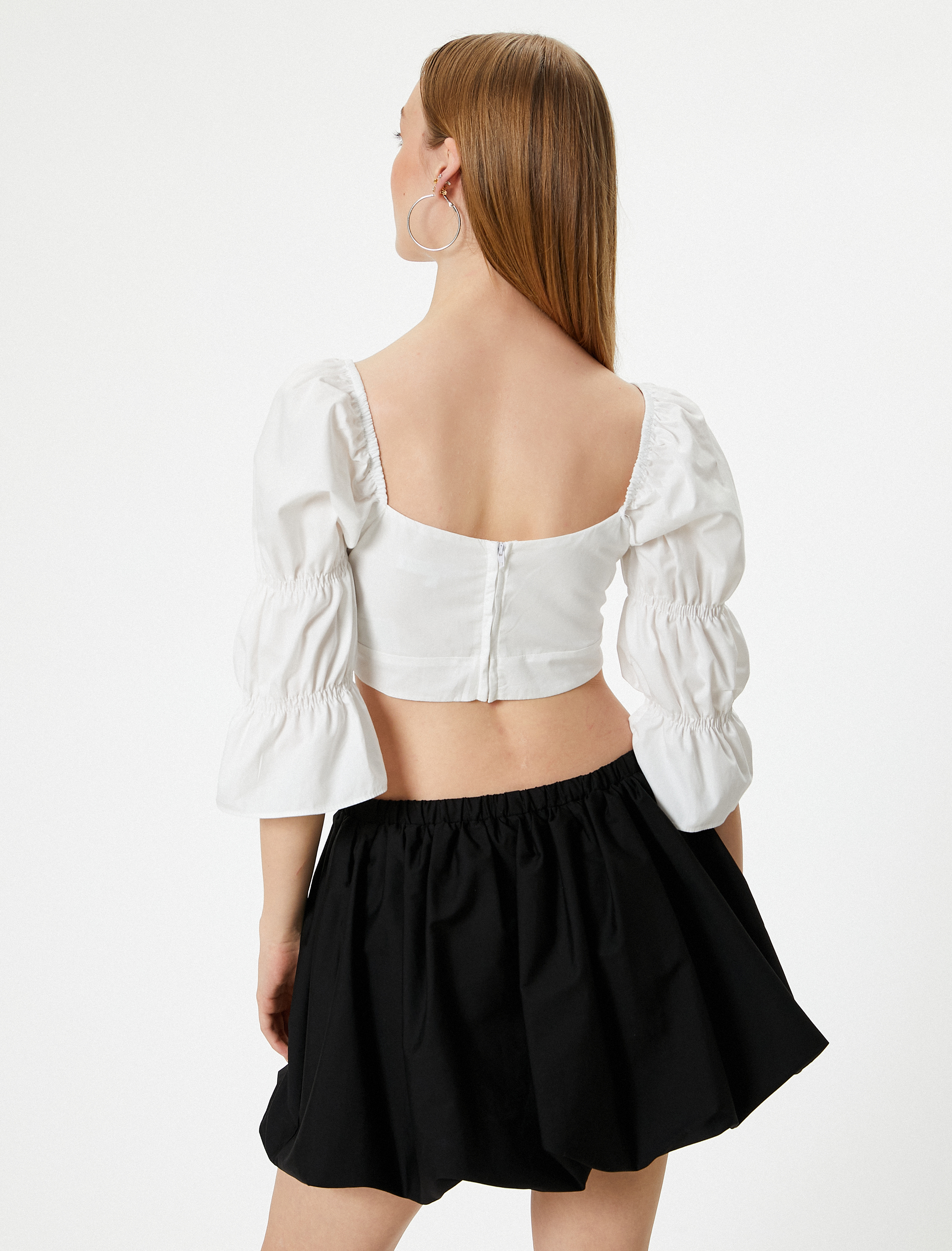 Crop Fırfırlı Bluz Kalp Yaka Uzun Geniş Kollu Slim Fit