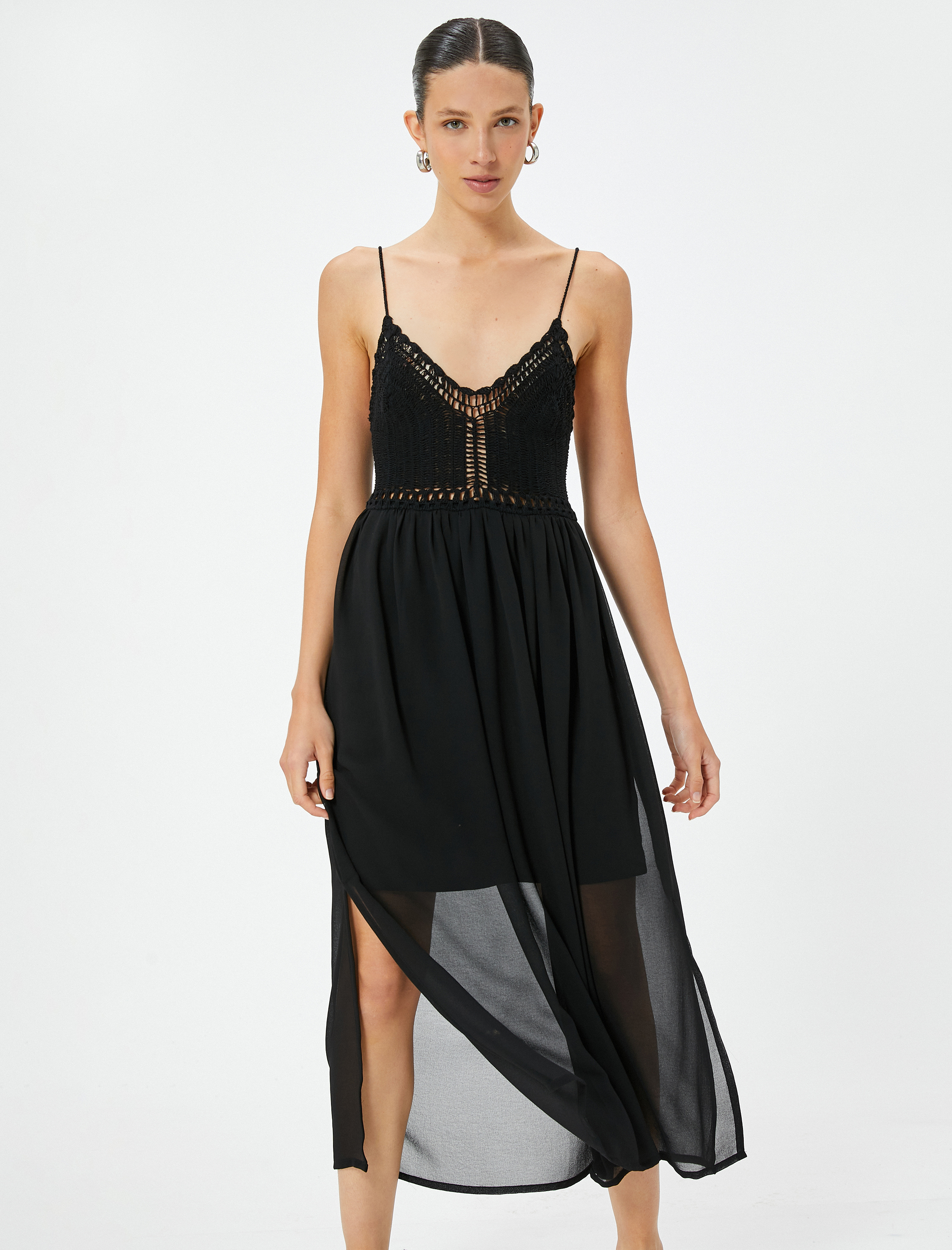 Tül Kroşe Midi Plaj Elbisesi İnce Askılı Astarlı