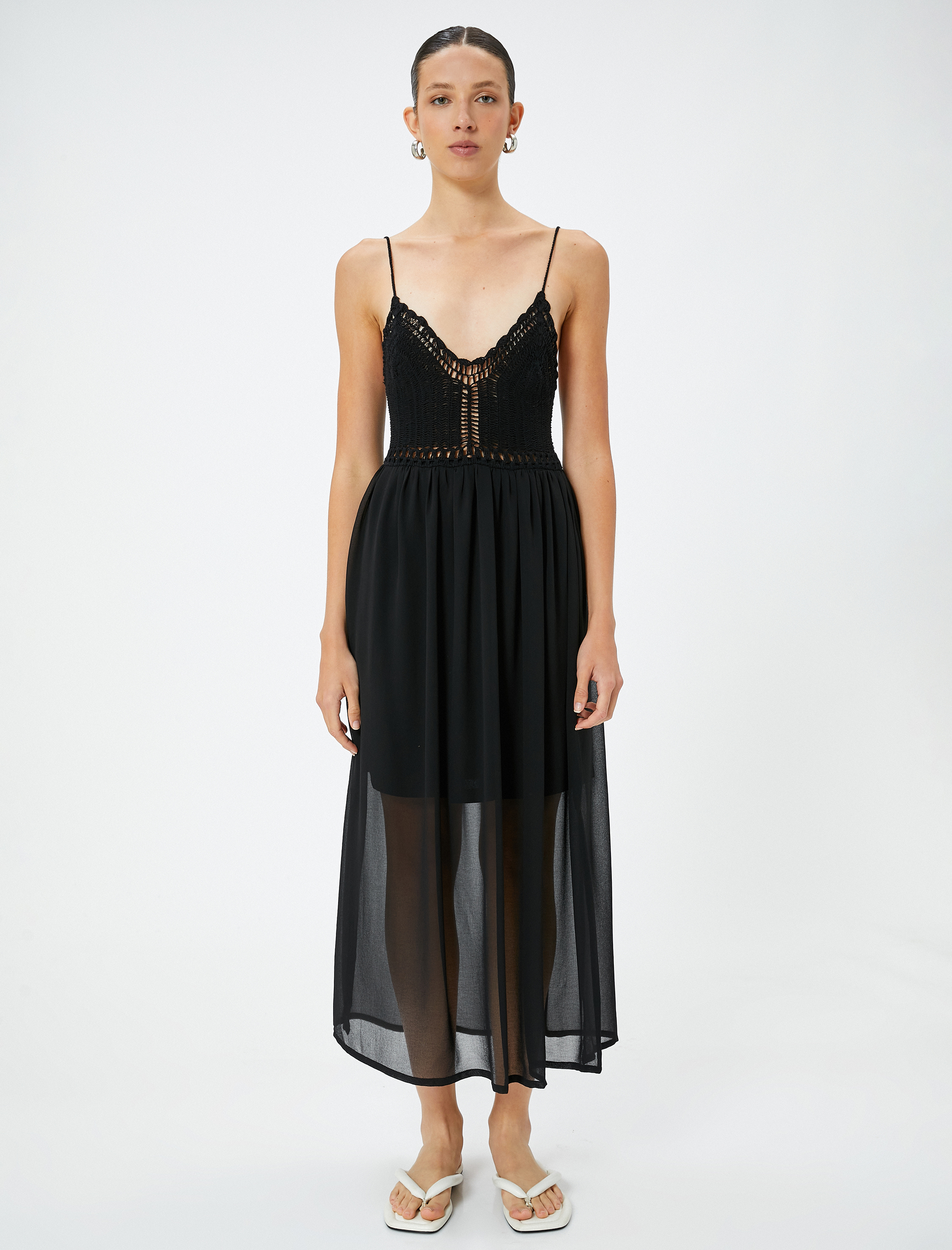 Tül Kroşe Midi Plaj Elbisesi İnce Askılı Astarlı