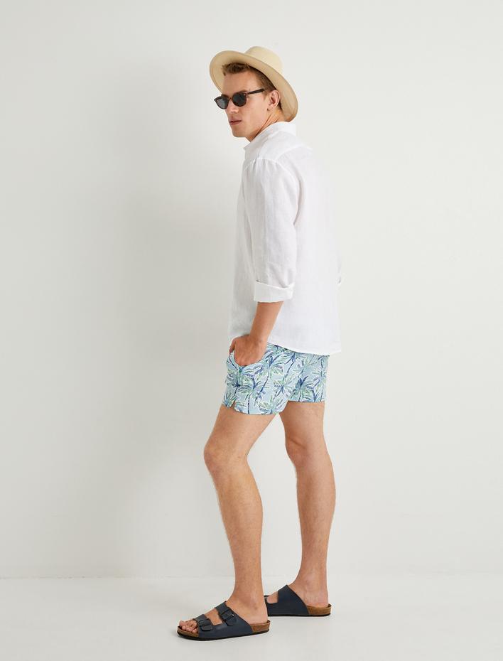  Deniz Şortu Palmiye Baskılı Beli Bağcıklı Cepli