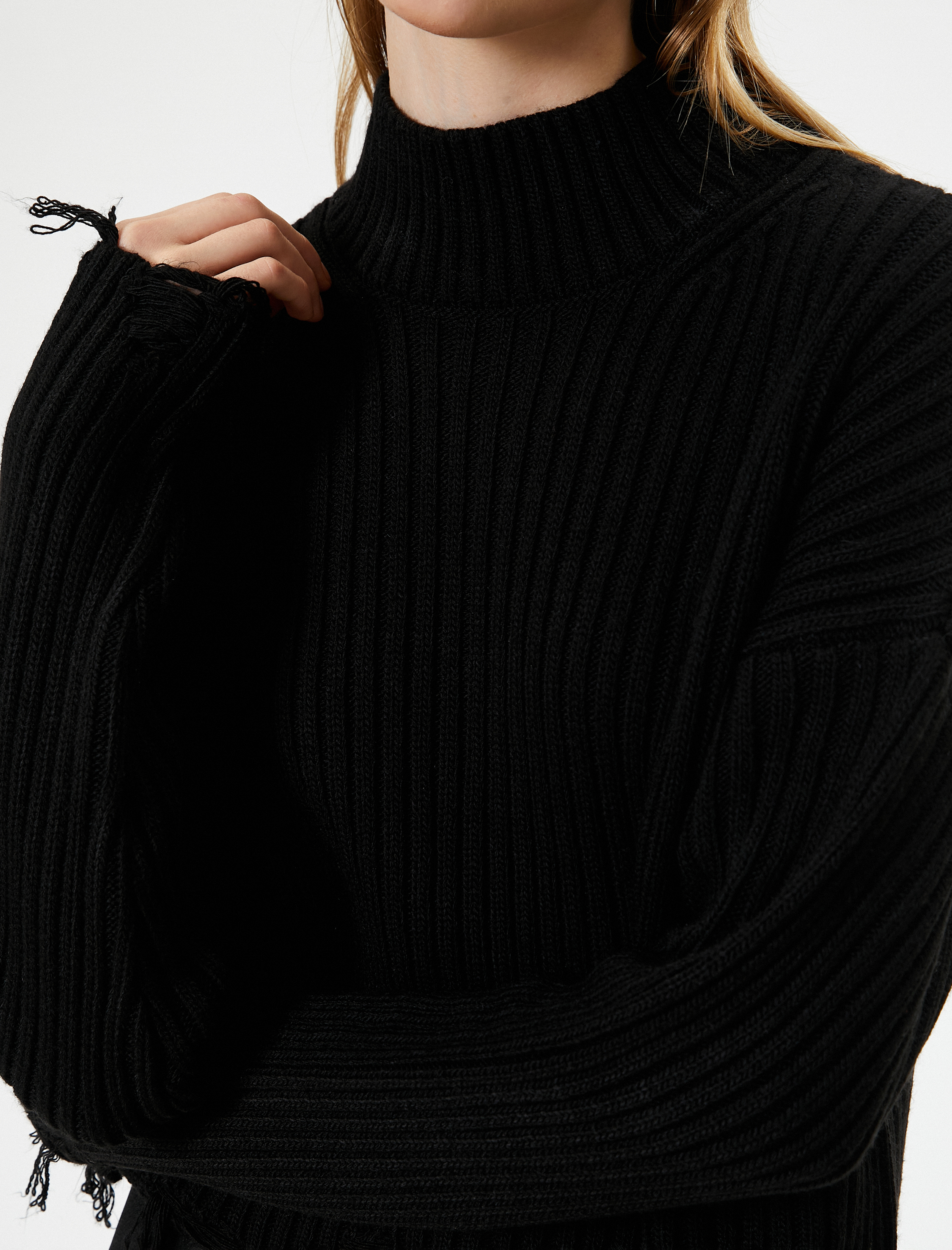   Boğazlı Kazak Uzun Kollu Kaşkorse Yıpratma Detaylı