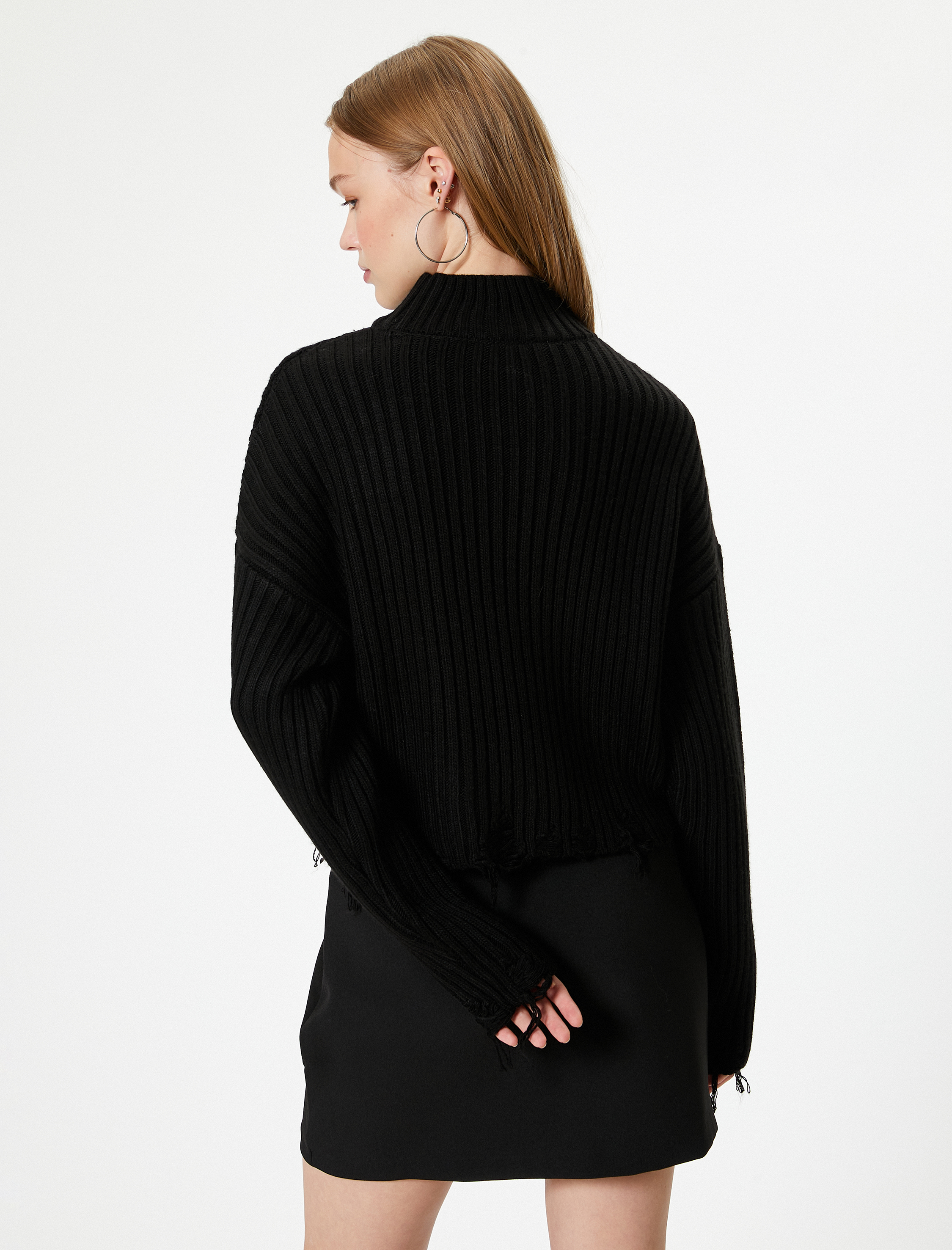   Boğazlı Kazak Uzun Kollu Kaşkorse Yıpratma Detaylı