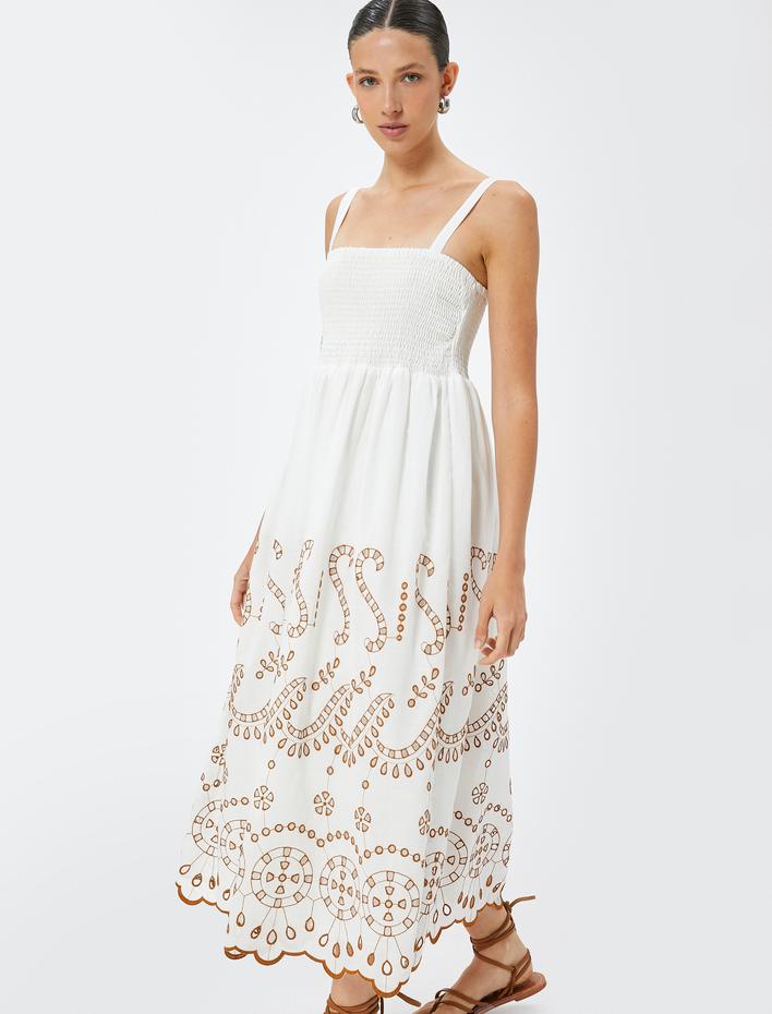  Fisto Elbise Askılı Midi Boy Gipe Detaylı Astarlı Pamuklu