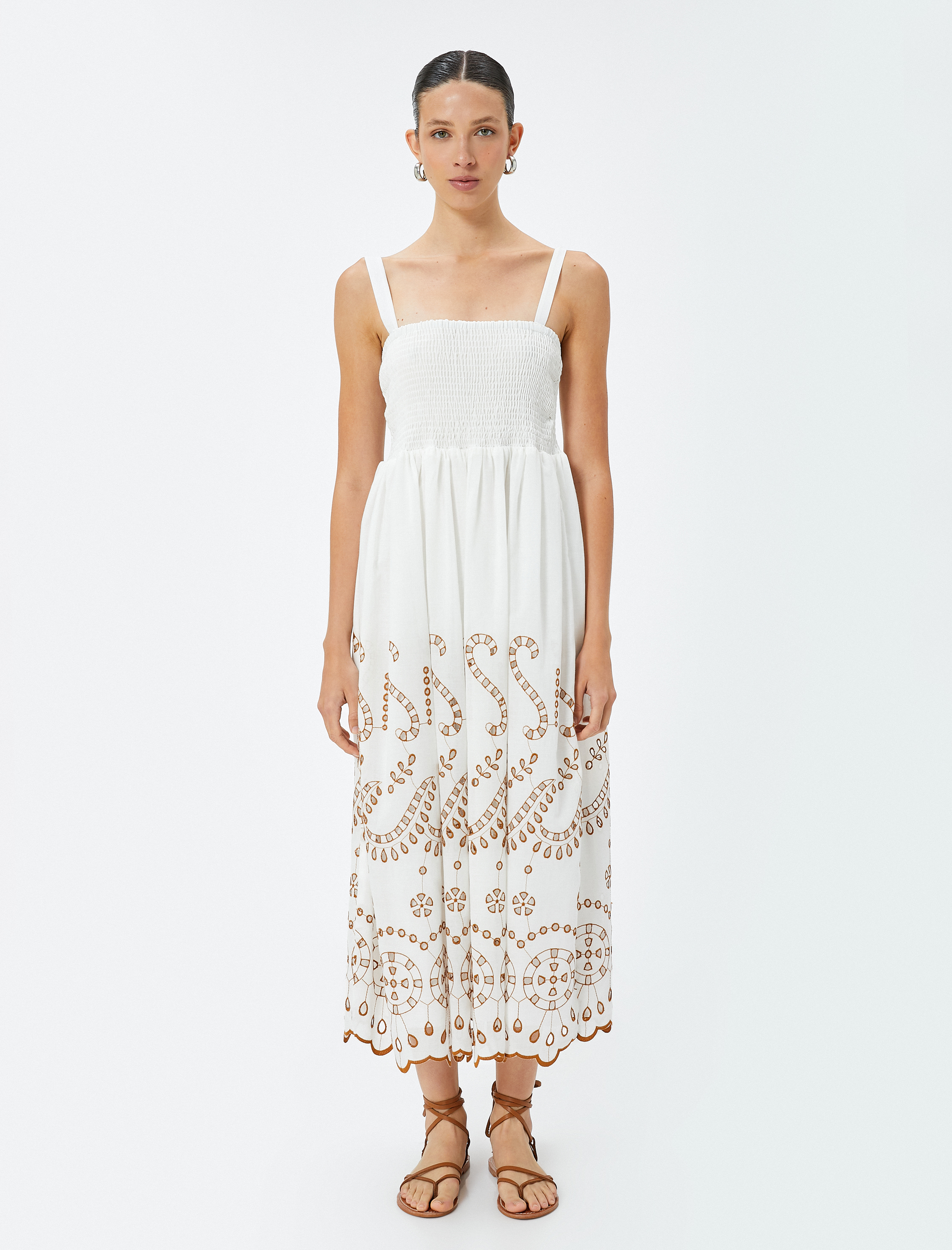   Fisto Elbise Askılı Midi Boy Gipe Detaylı Astarlı Pamuklu